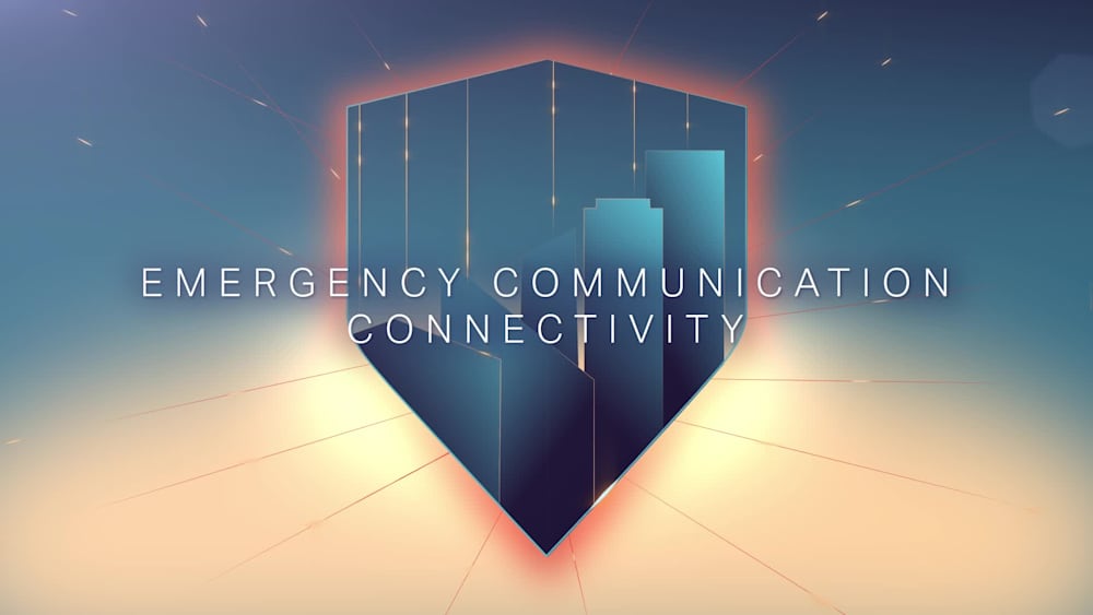 Graphic of a shield containing rising bar charts, with the text EMERGENCY COMMUNICATION CONNECTIVITY overlaid in the center.