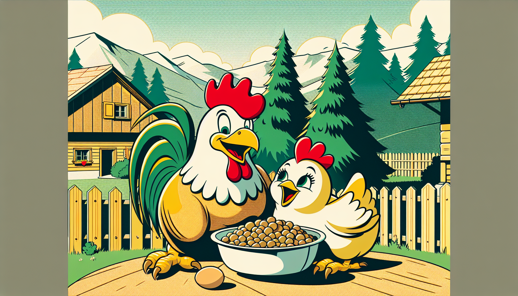 Cartoon-Huhn und Hahn glücklich beim Fressen gesunder Nahrung in einem Schweizer Garten, minimalistisch und farbenfroh.