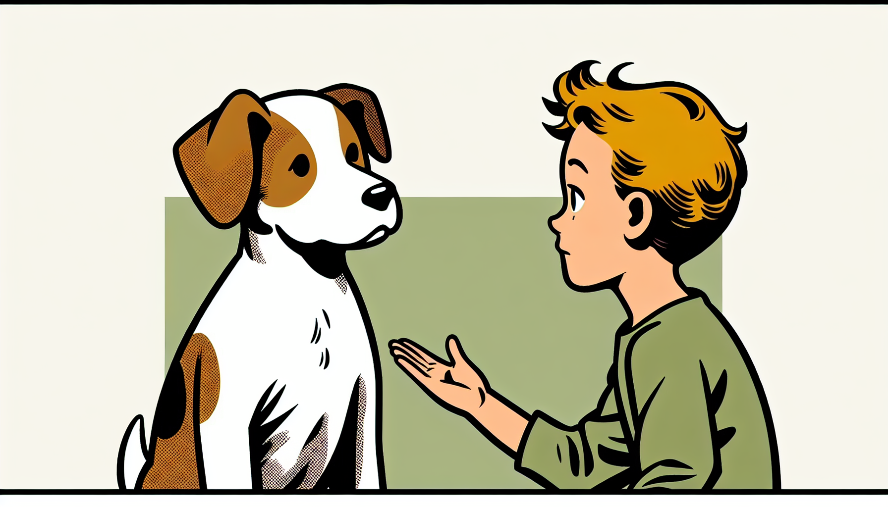 Nervöser Hund vor Kind, das ihn streicheln will; minimalistische, warme Comic-Illustration in sanften Grüntönen.