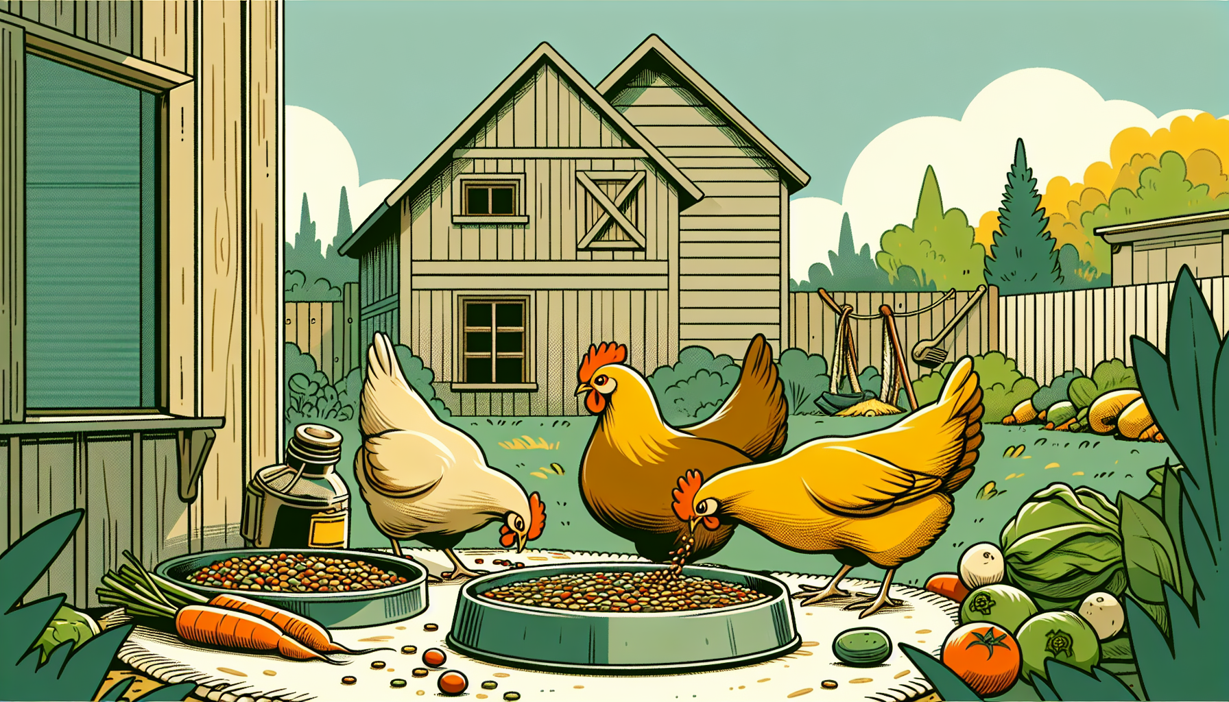 Cartoon-Hühner im gemütlichen Garten, die hausgemisches Bio-Futter mit Körnern und Gemüse picken.