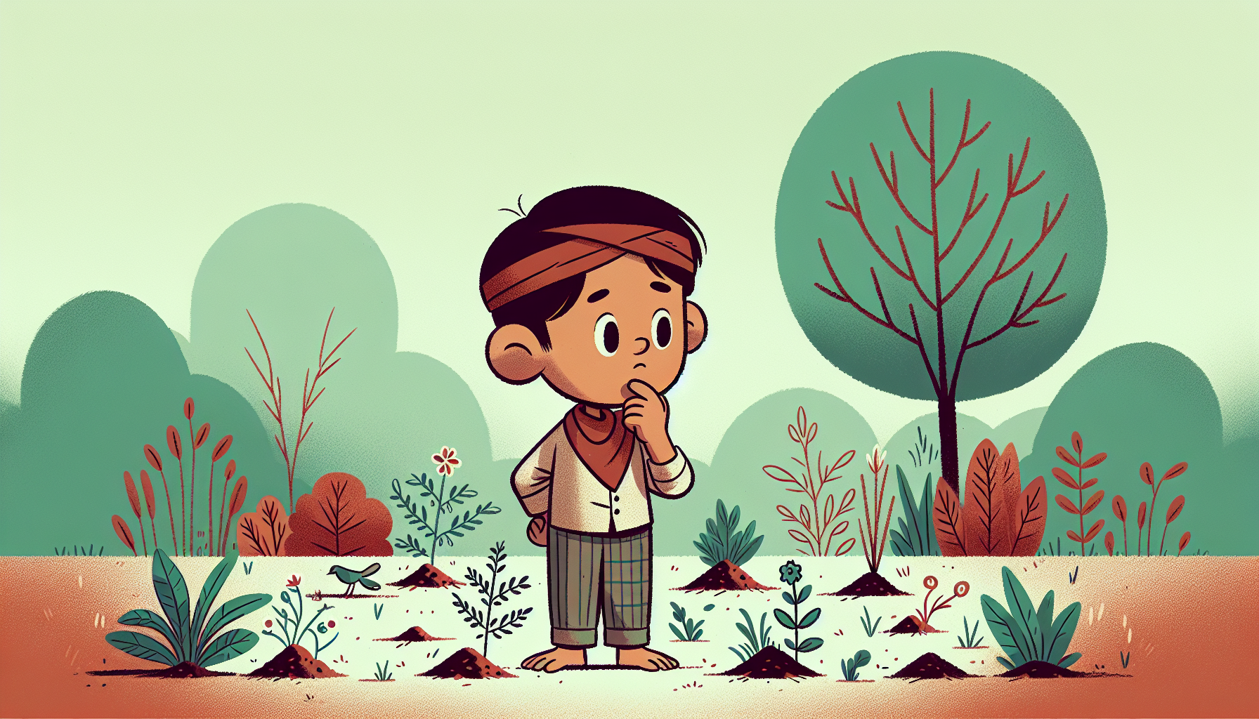 Un enfant qui fait un puzzle dans un jardin vide avec quelques plantes mates, curieux des attractions des oiseaux.