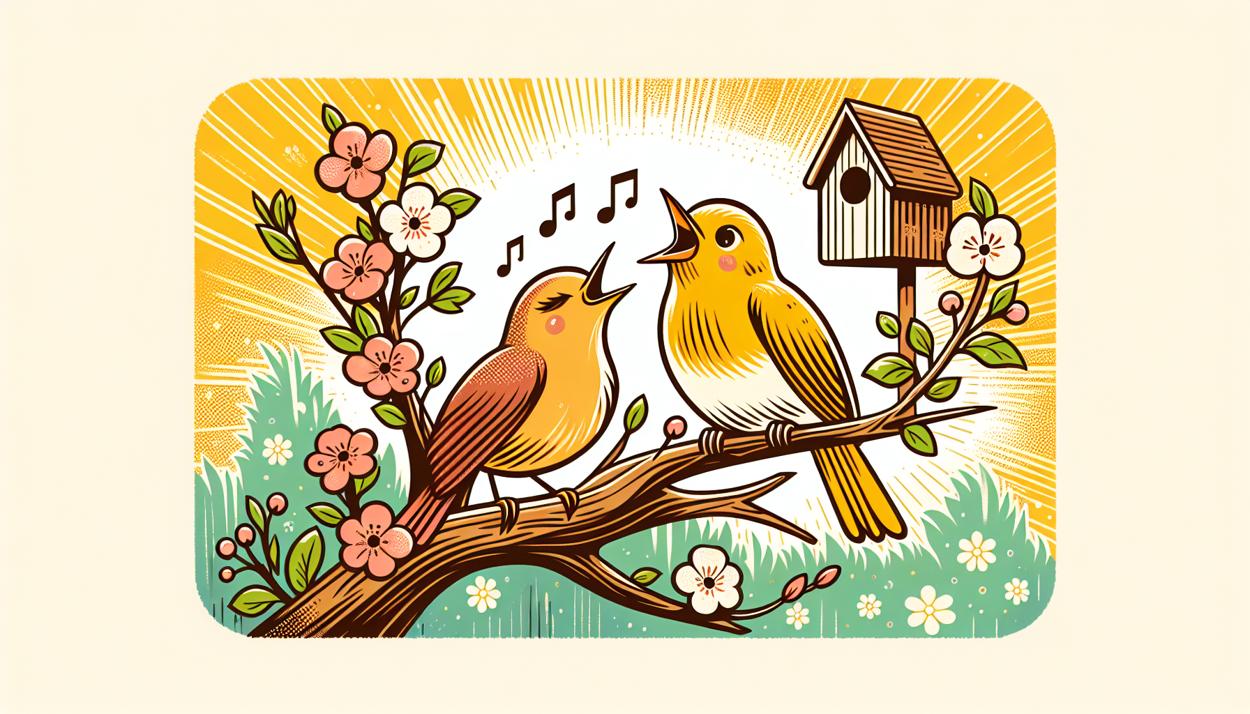 Un couple d'oiseaux cartoonesques chante joyeusement sur une branche dans un jardin printanier coloré avec des fleurs et une volière.