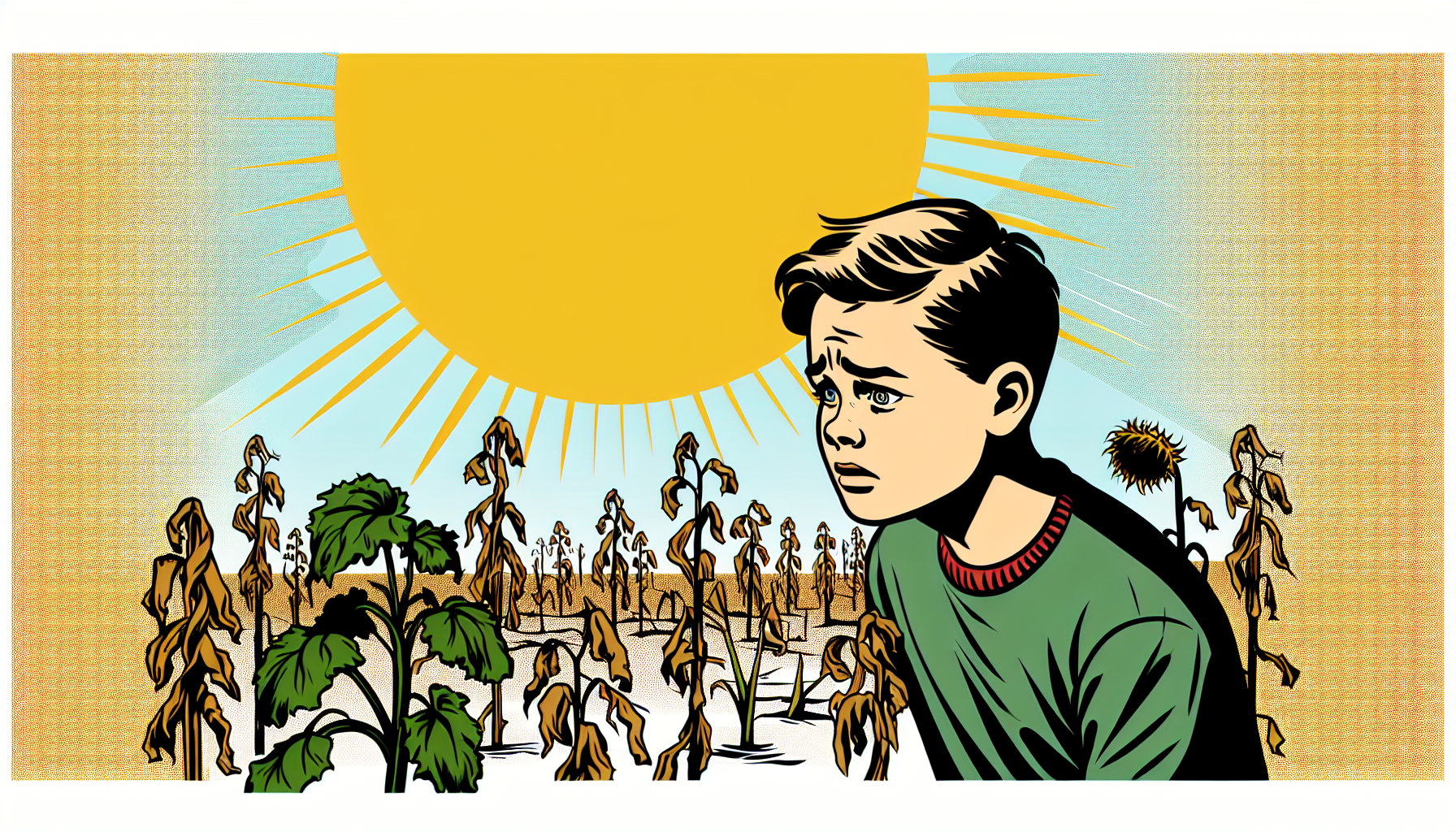 Enfant regarde avec inquiétude un jardin sec avec des plantes fanées sous le soleil, dans un style plat et minimaliste.