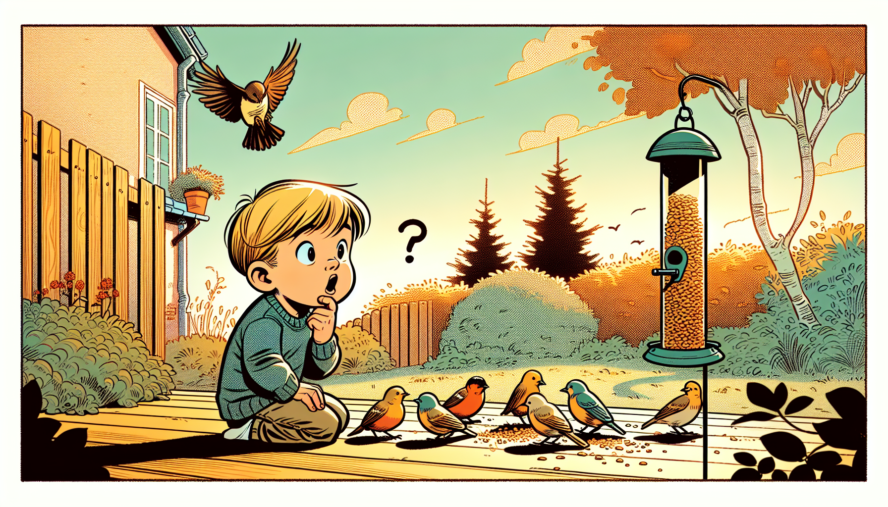 Un enfant observe avec étonnement des oiseaux à une mangeoire dans le jardin, entouré d'arbres et d'un ciel dégagé.
