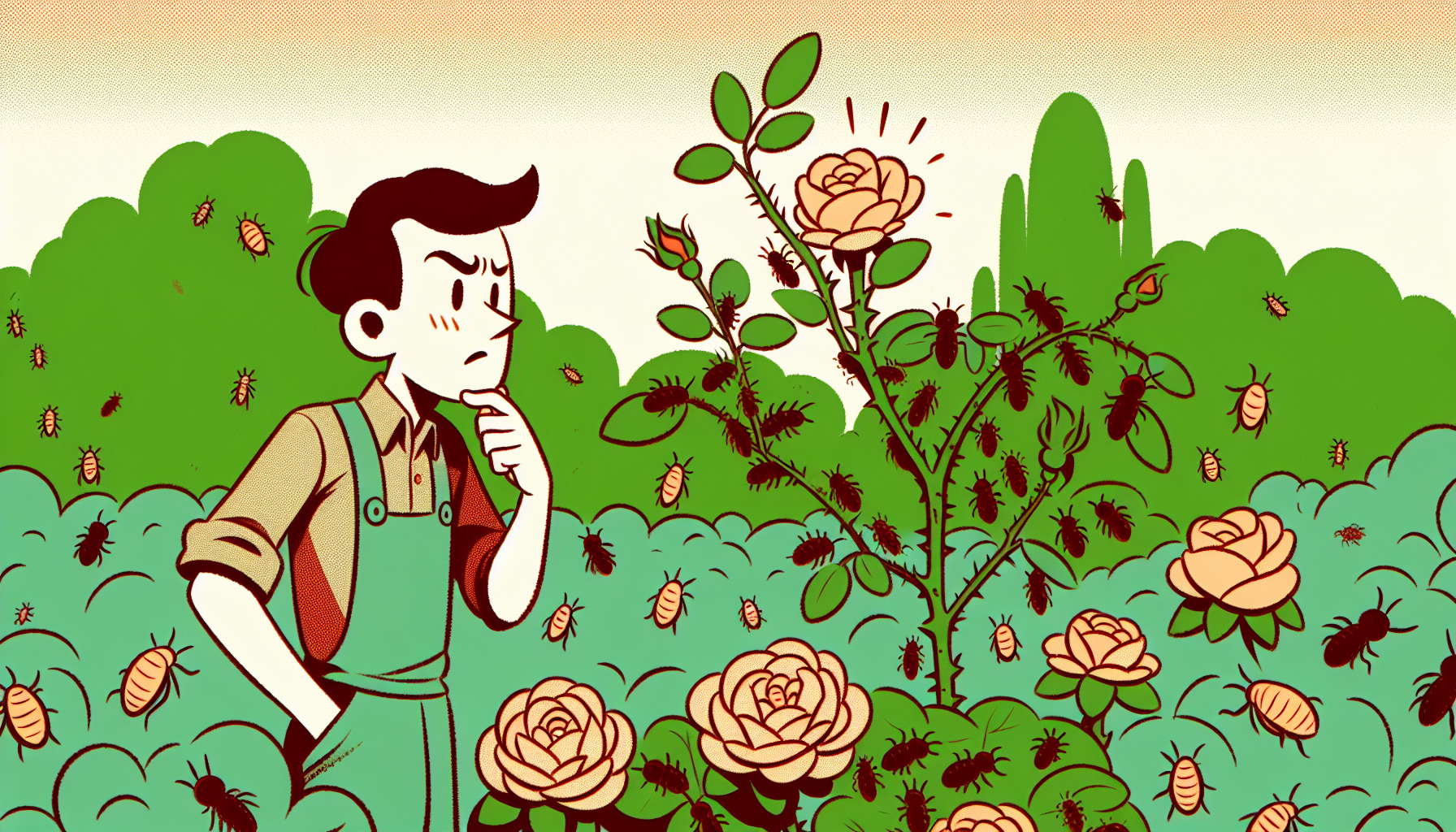 Un preoccupato personaggio dei cartoni animati ispeziona un roseto infestato dagli afidi in stile fumetto europeo.