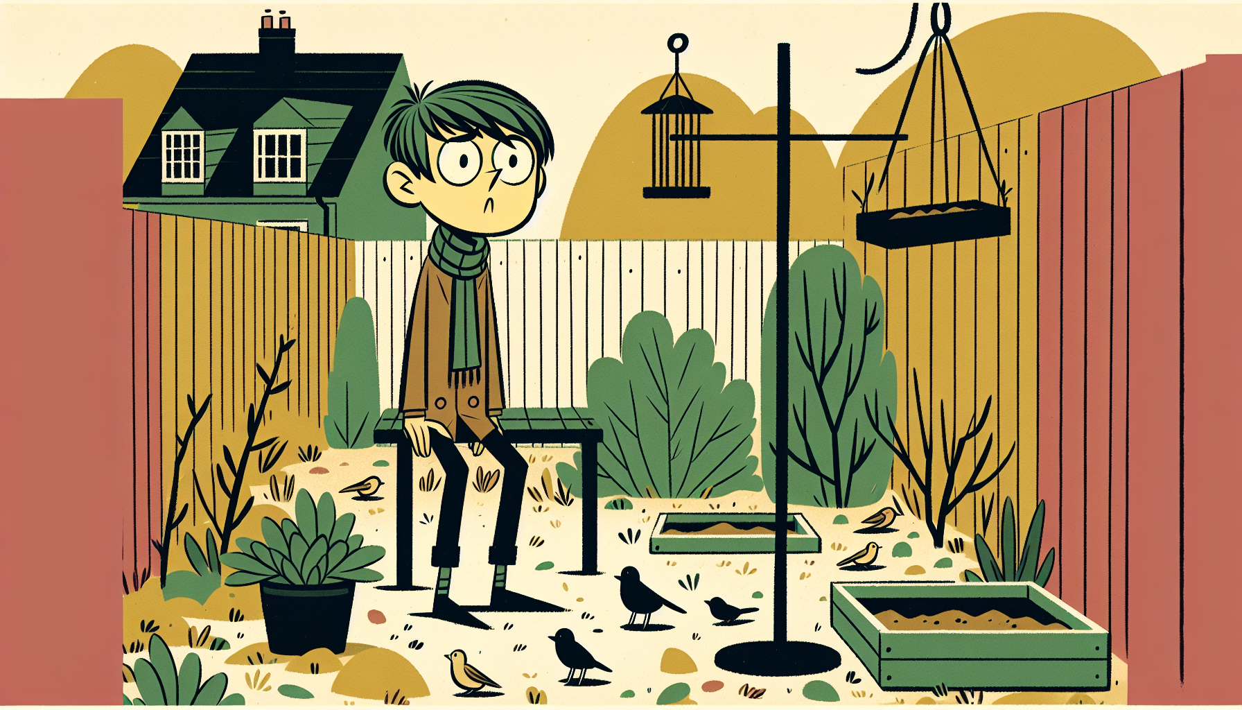 Personne désorientée dans le jardin avec un distributeur de nourriture pour oiseaux vide, entourée de quelques plantes aux couleurs douces.