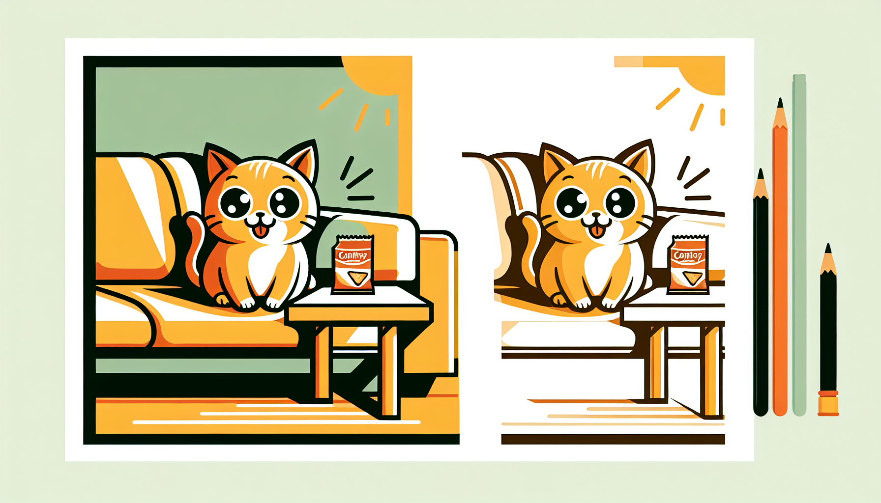 Ein neugieriger Cartoon-Katze sitzt auf einem Sofa und schaut gespannt auf eine Snackpackung auf dem Tisch.