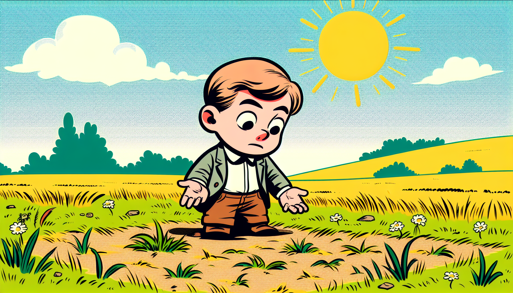 Un bambino confuso guarda un prato arido e sterile sotto un cielo soleggiato in un'estetica minimalista da fumetto europeo.