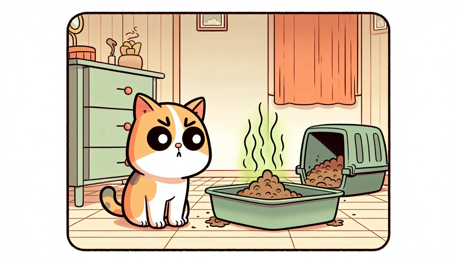 Puzzled cartoon cat neben einer schmutzigen Katzentoilette in einem gemütlichen Zuhause im europäischen Comic-Stil.