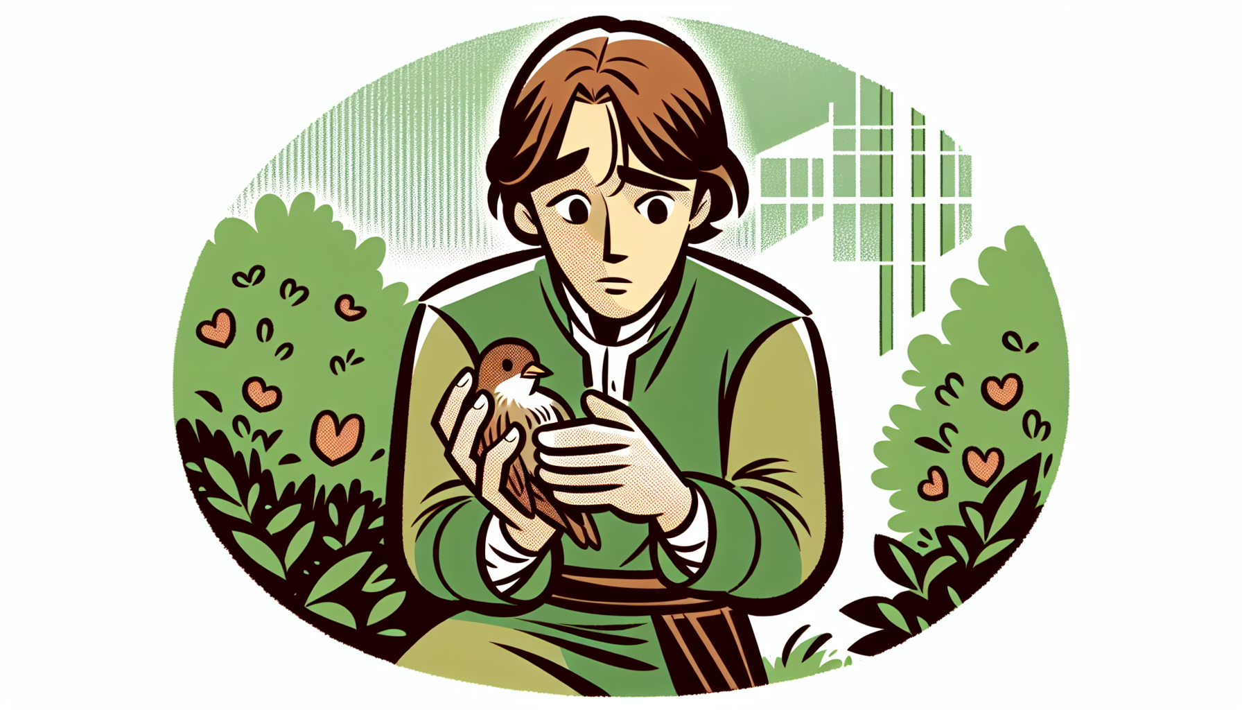 Un homme de dessin animé tient avec inquiétude un oiseau blessé dans un jardin, entouré de couleurs chaudes et de beaucoup d'espace blanc.