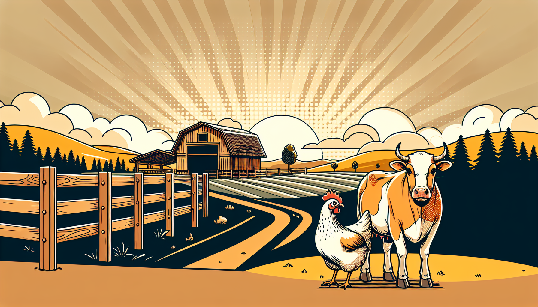 Einfache Cartoon-Kuh und -Henne auf einem ruhigen Schweizer Bauernhof, blicken auf ein entferntes Tierschutzheim.