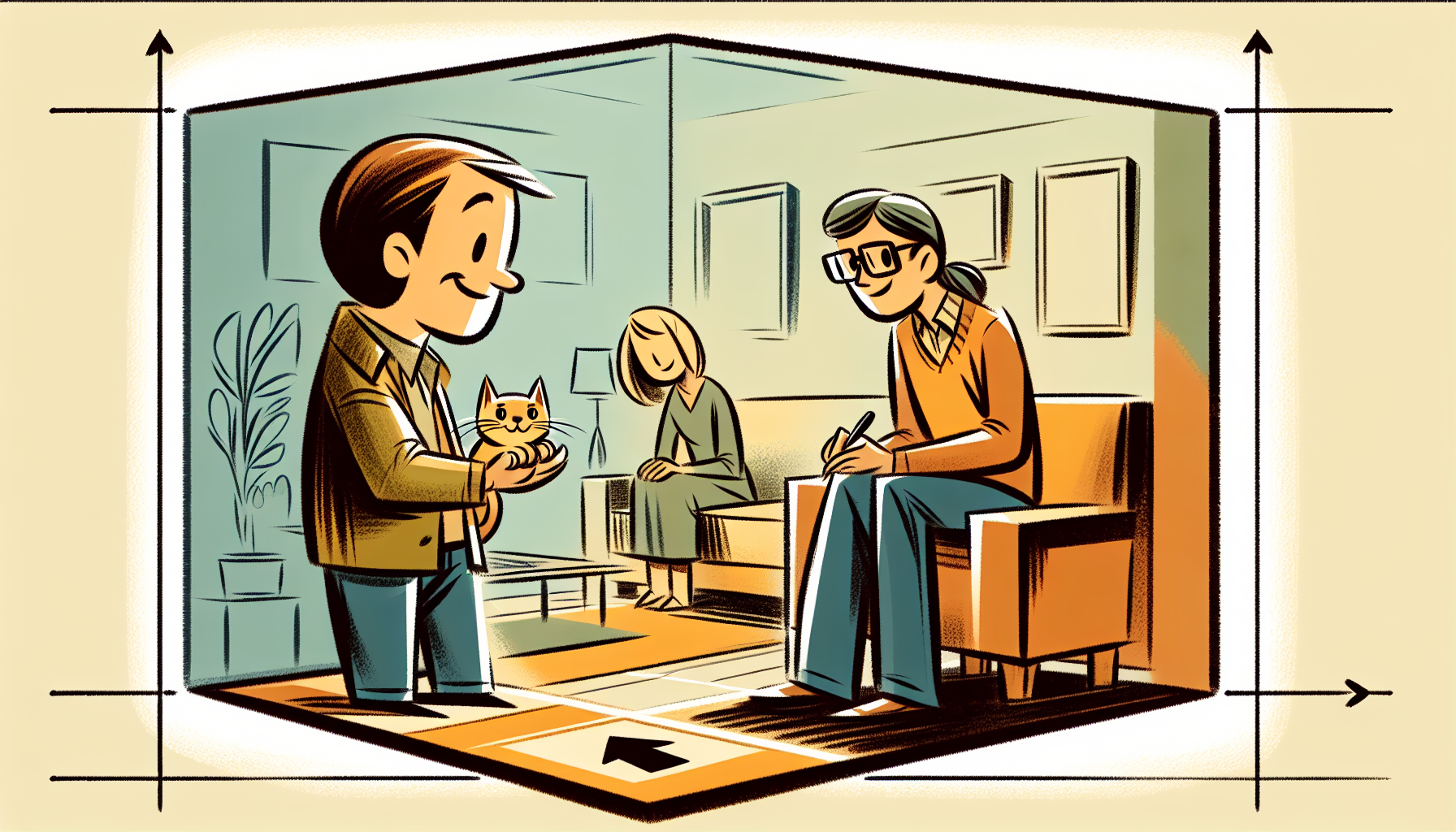 Person in gemütlichem Wohnzimmer schaut glücklich auf eine freundliche Katze, Symbol für Tieradoption aus dem Tierheim.