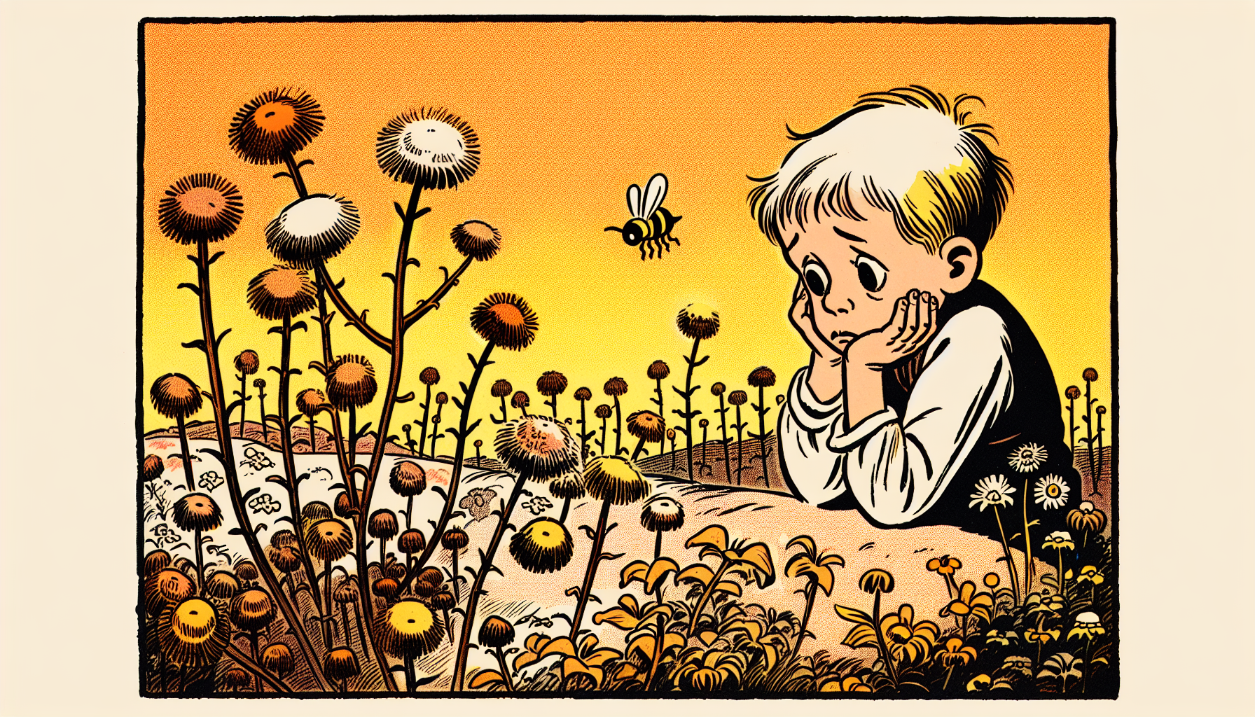 Enttäuschter Junge schaut auf einen kargen Garten mit sterilen Blumen und müden Bienen, in warmen Farben.