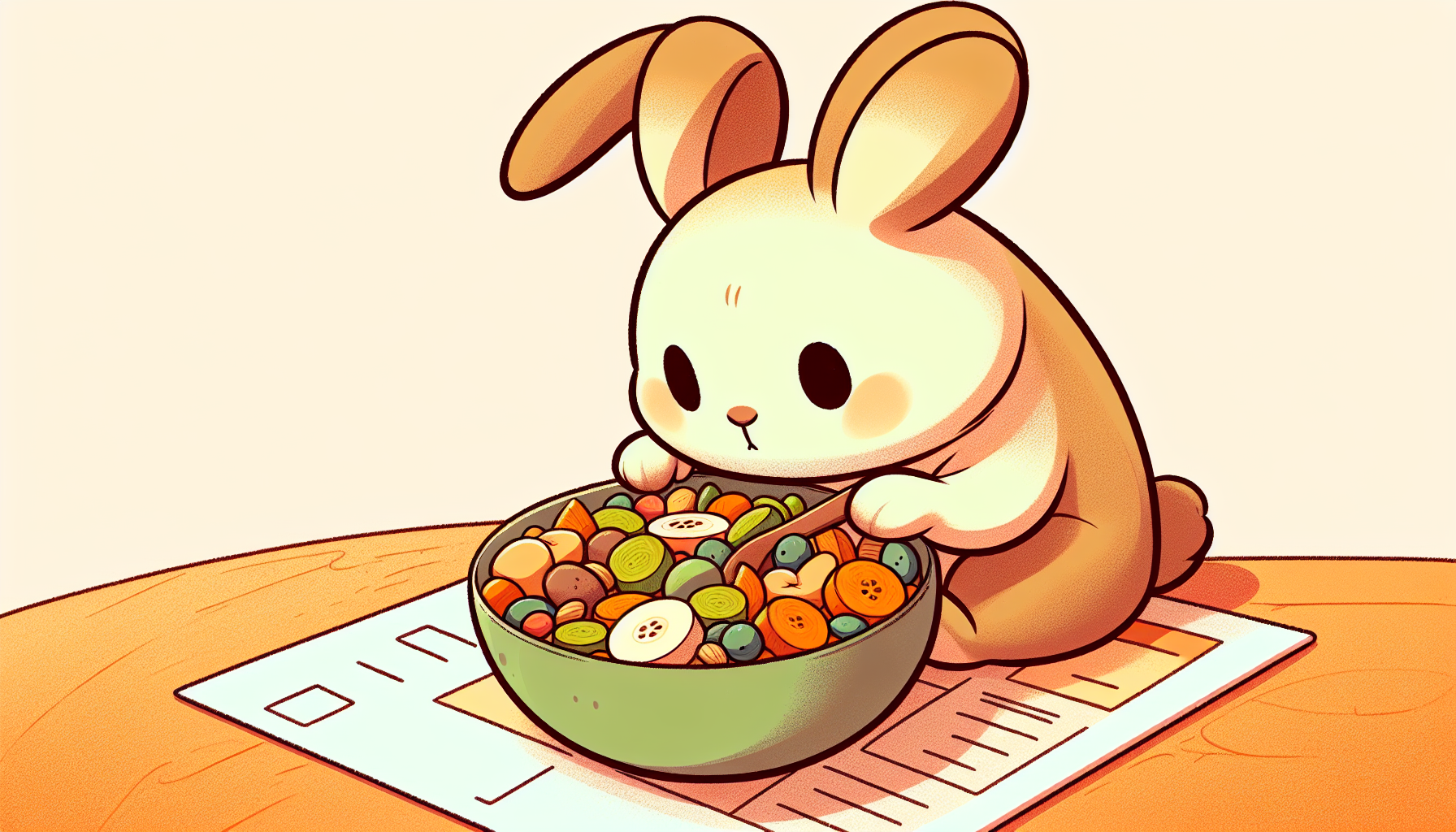 Ein neugieriger, cartoonhafter Zwergkaninchen betrachtet eine Schüssel mit bunten, gesunden Snacks.