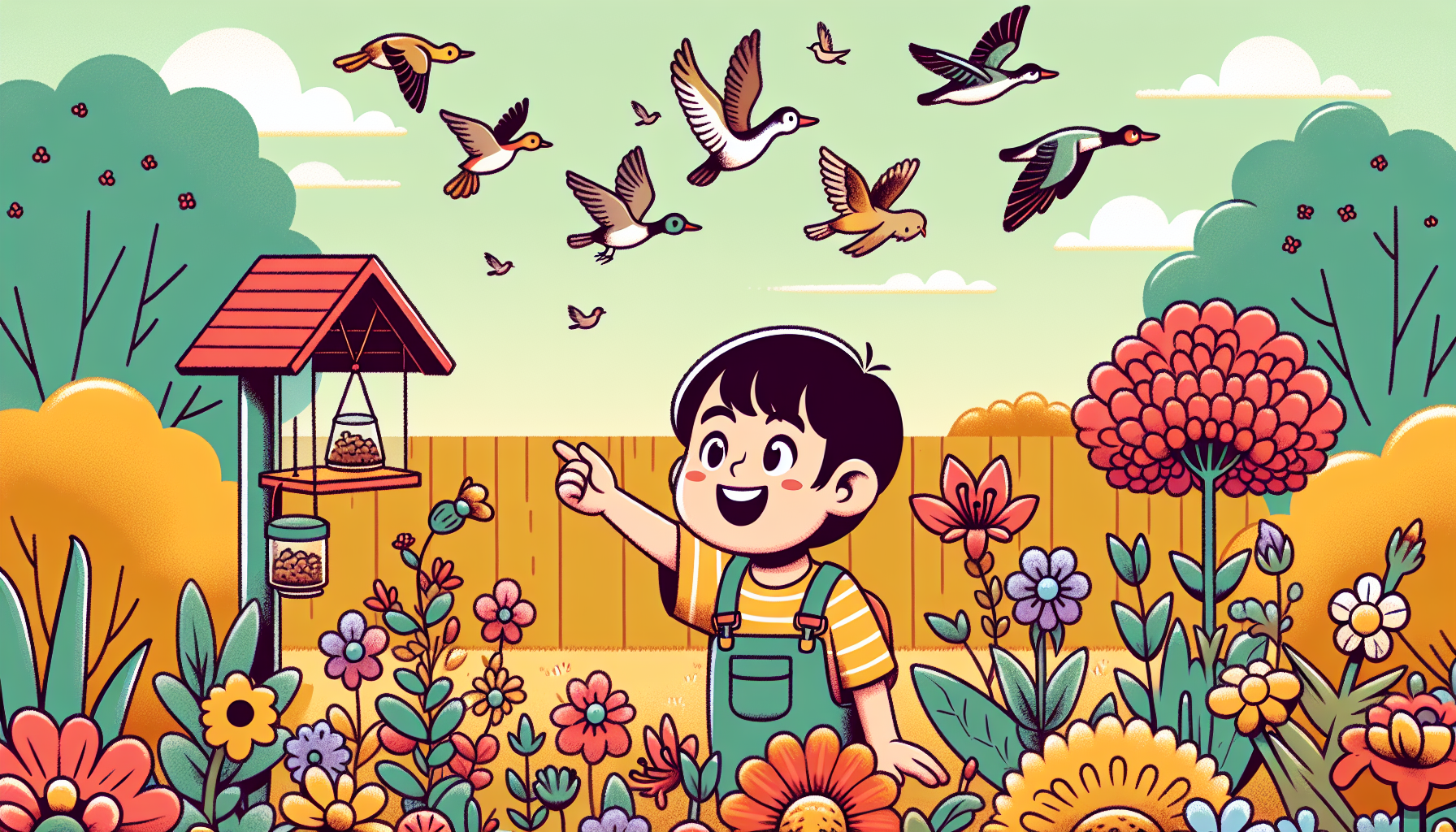 Kind beobachtet neugierig Vögel in einem bunten Garten mit Blumen und einem Vogelhaus, im europäischen Comic-Stil.