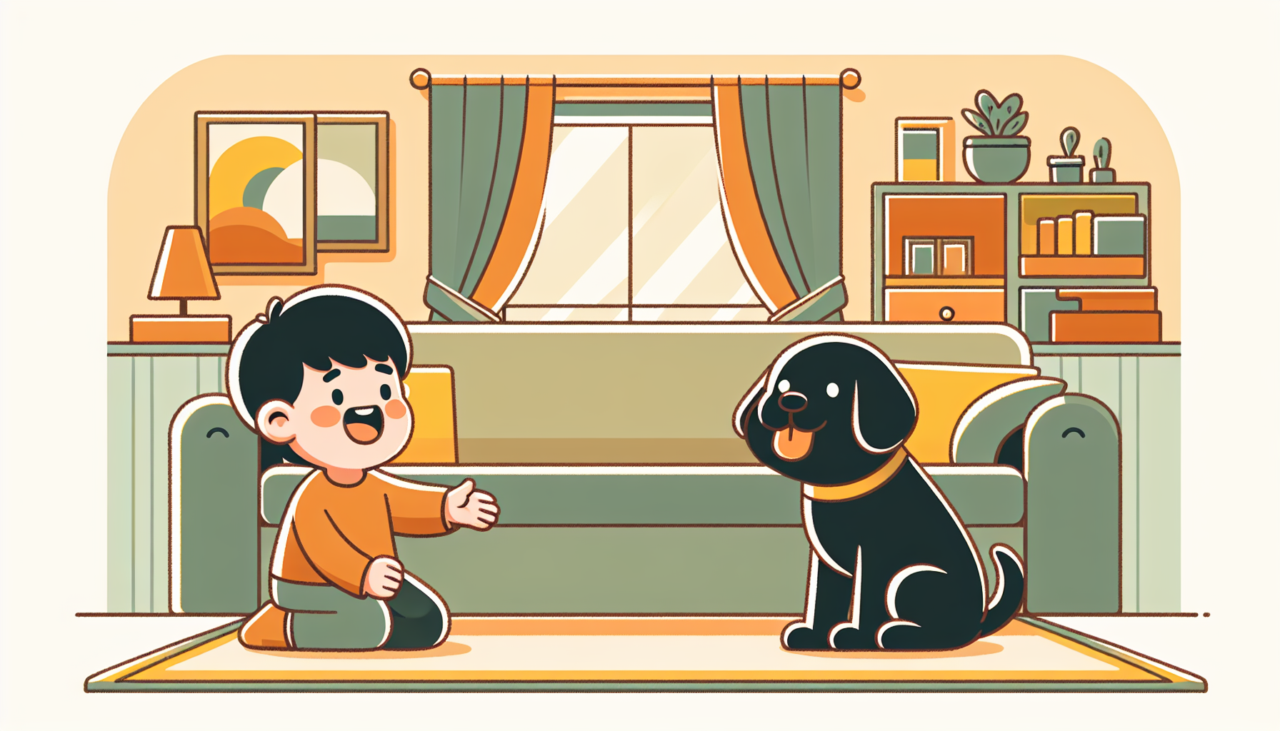 Glücklicher Hund und neugieriges Kind streicheln sich in einem gemütlichen Wohnzimmer mit warmen Farben.