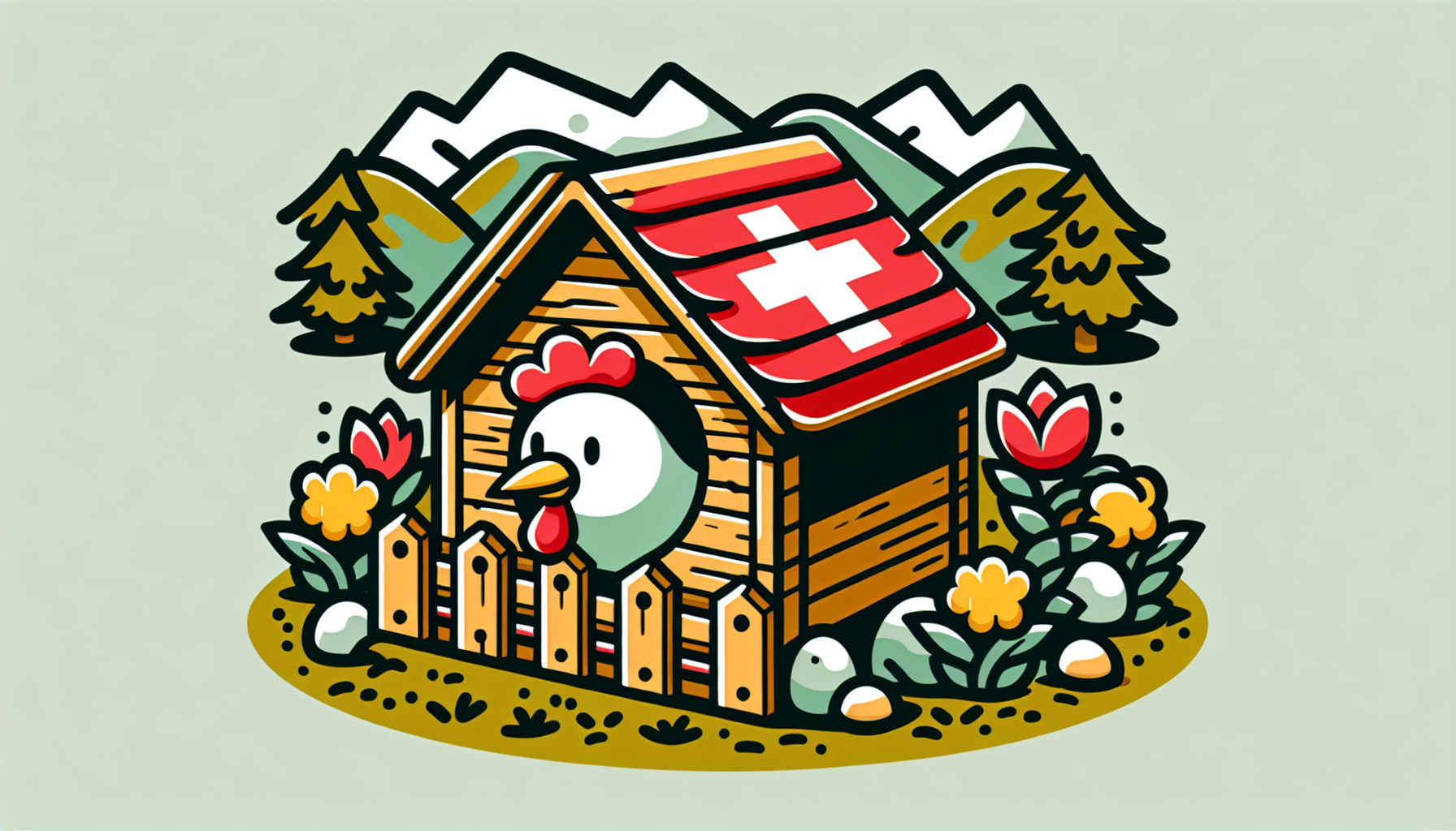 Ein einfacher Cartoon-Küken schaut neugierig aus einem kleinen, gemütlichen Hühnerstall im Schweizer Garten.