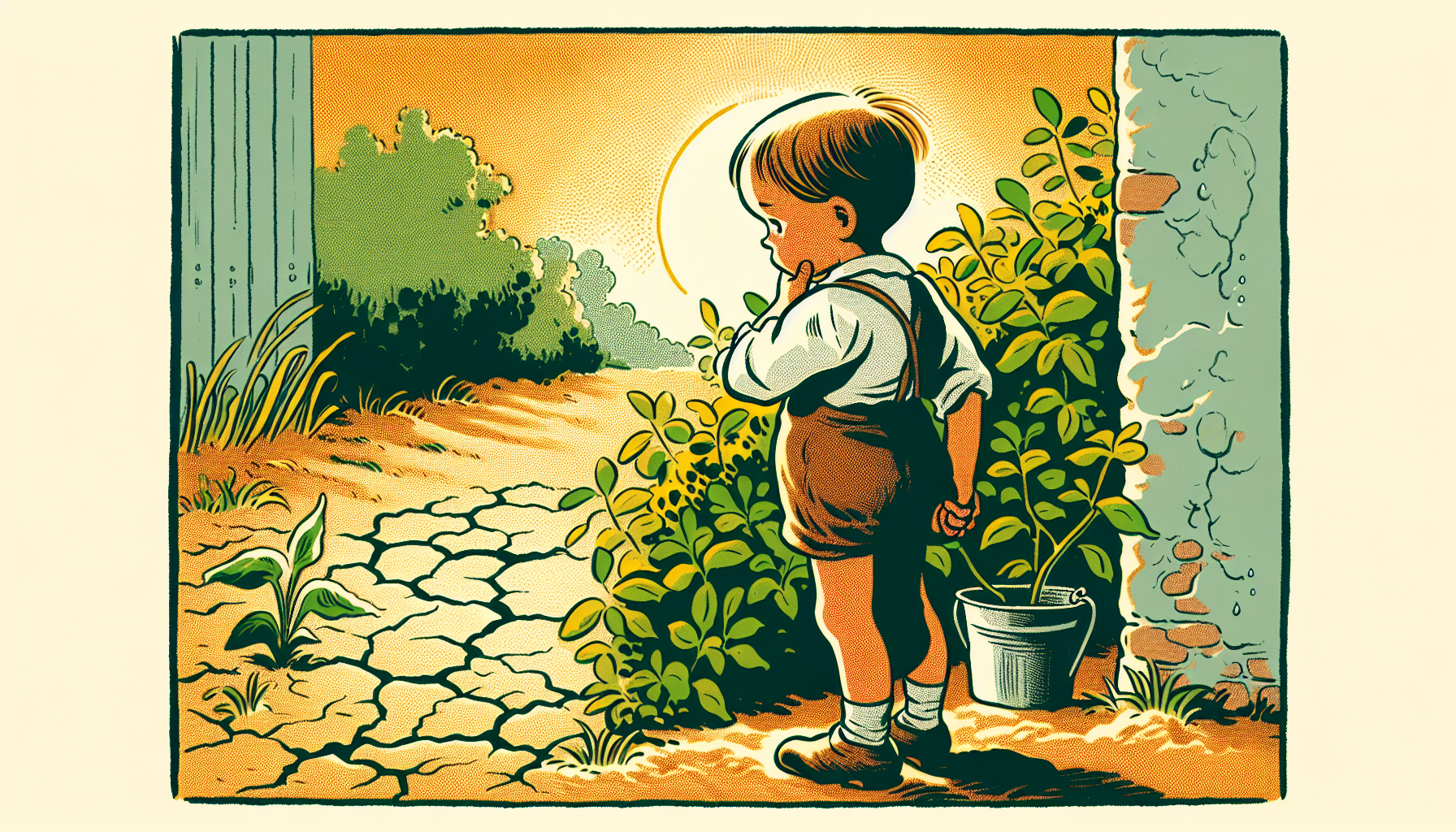 Kind im sonnigen Garten, sehnsüchtig auf trockenen Bereich blickend, minimalistisch im europäischen Comic-Stil.