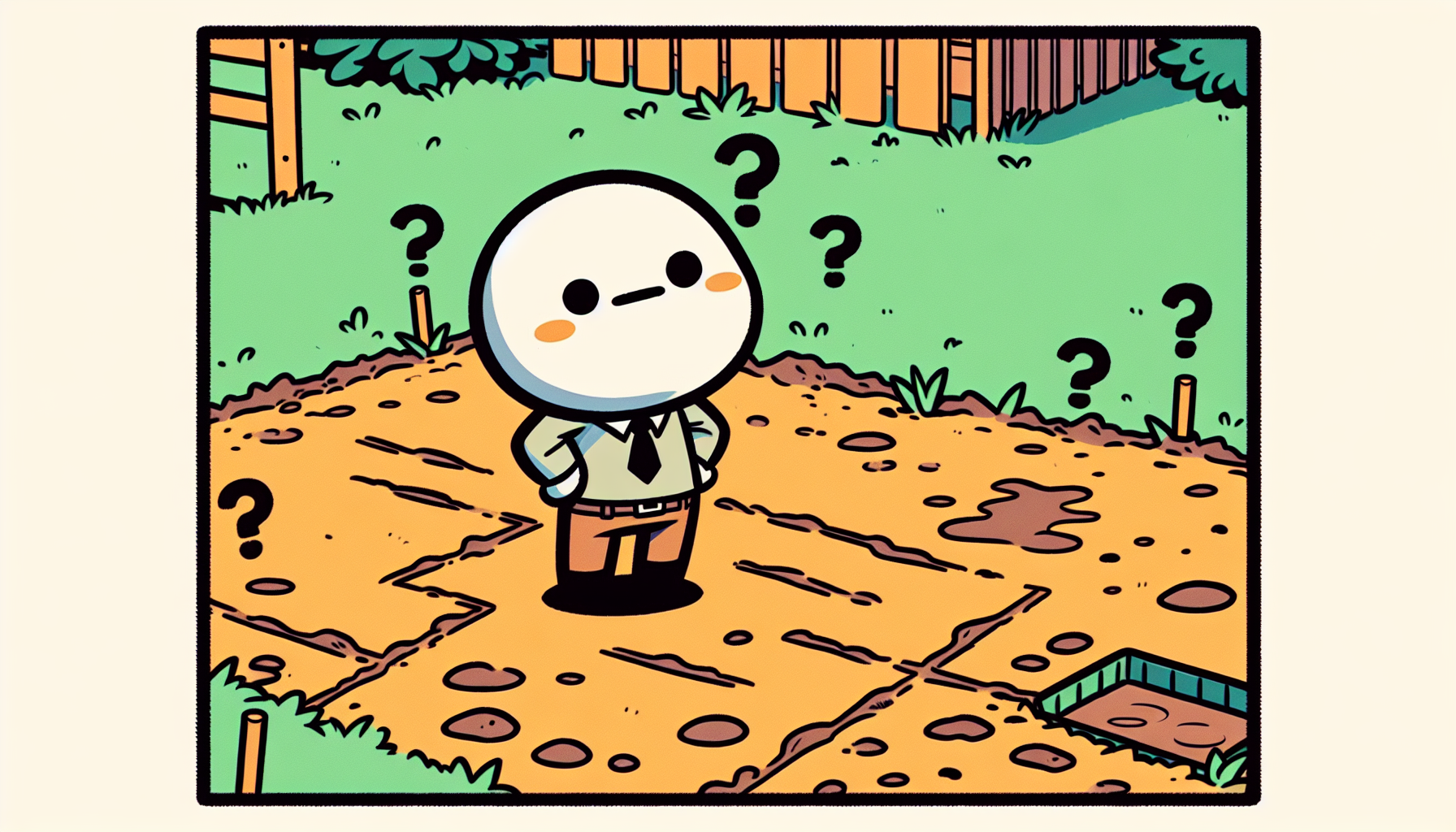 Puzzled Cartoonfigur in einem matschigen Garten mit geplanten kleinen Teich, im europäischen Comic-Stil gestaltet.