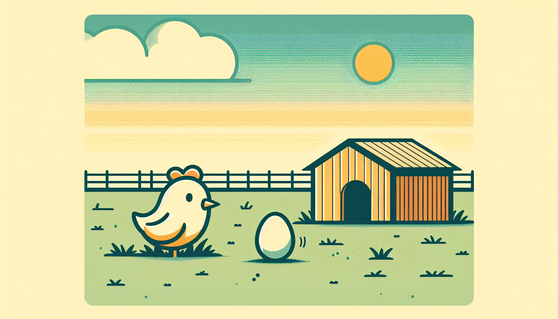 Cartoon-Hühnchen in sauberem Stall schaut neugierig auf ein Ei, umgeben von grünem Gras und sonnigem Himmel.