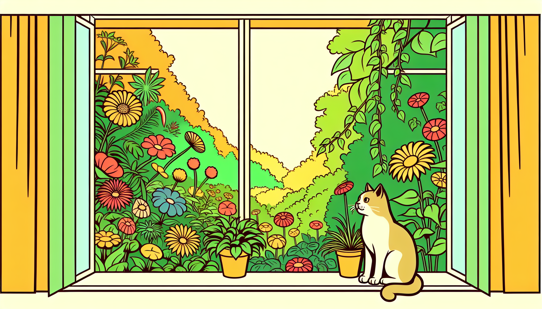 Ein einfacher Cartoon-Katze sitzt am Fenster und schaut neugierig auf einen bunten Garten mit warmen Farben.