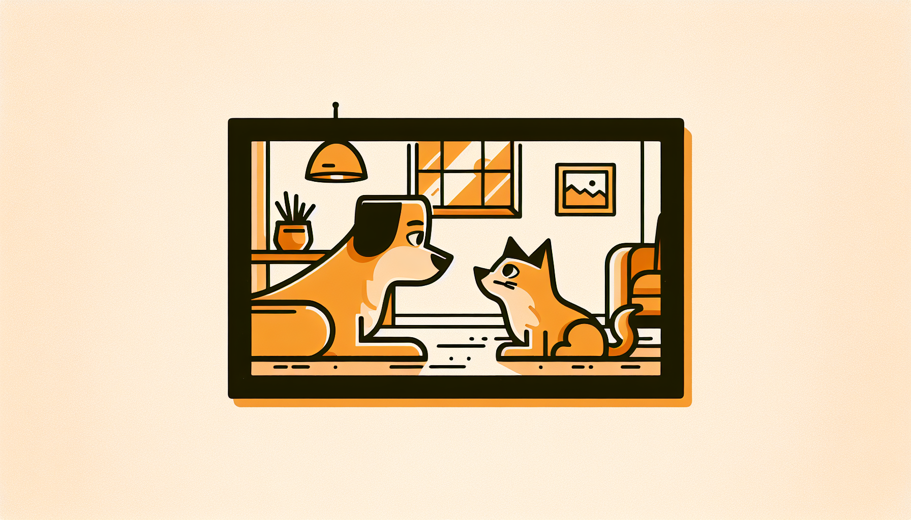 Cartoon Hund und Katze mit angespannter Miene in gemütlichem Wohnzimmer, europäischer Comic-Stil, warme Farben.