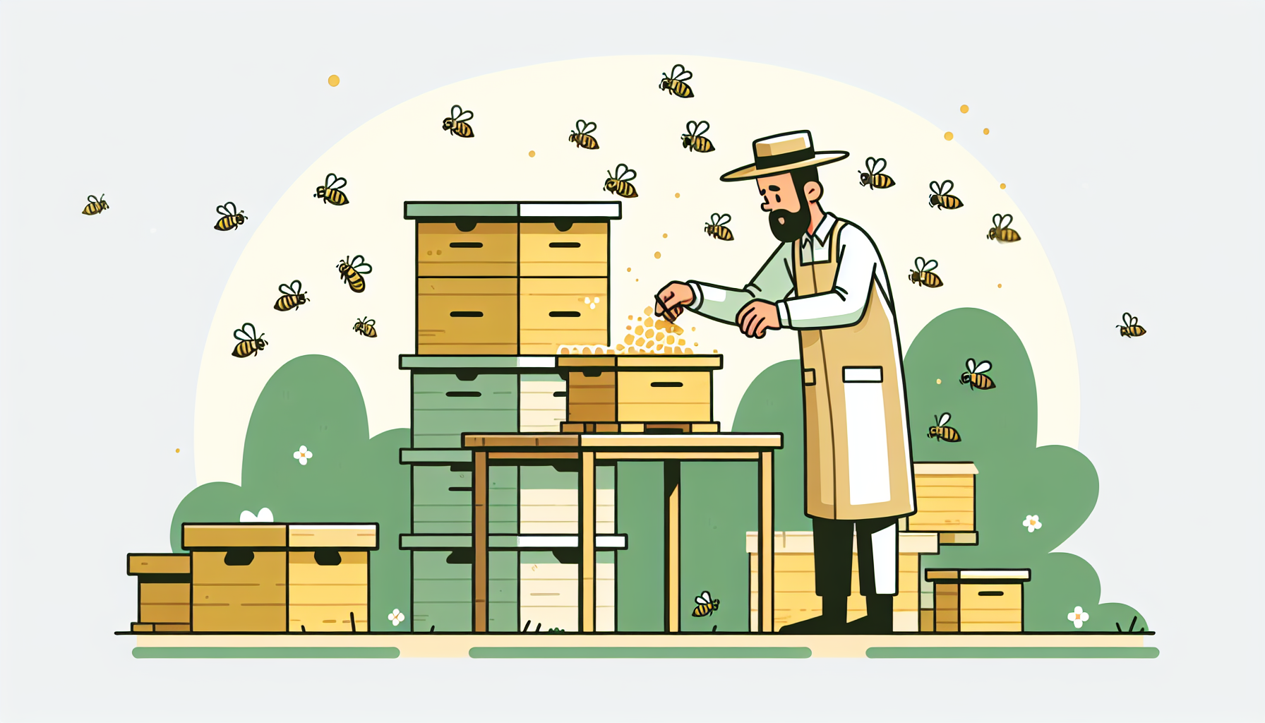 Ein einfacher Cartoon-Imker inspiziert einen Bienenstock, umgeben von Honigbienen in warmen Gelb- und Grüntönen.