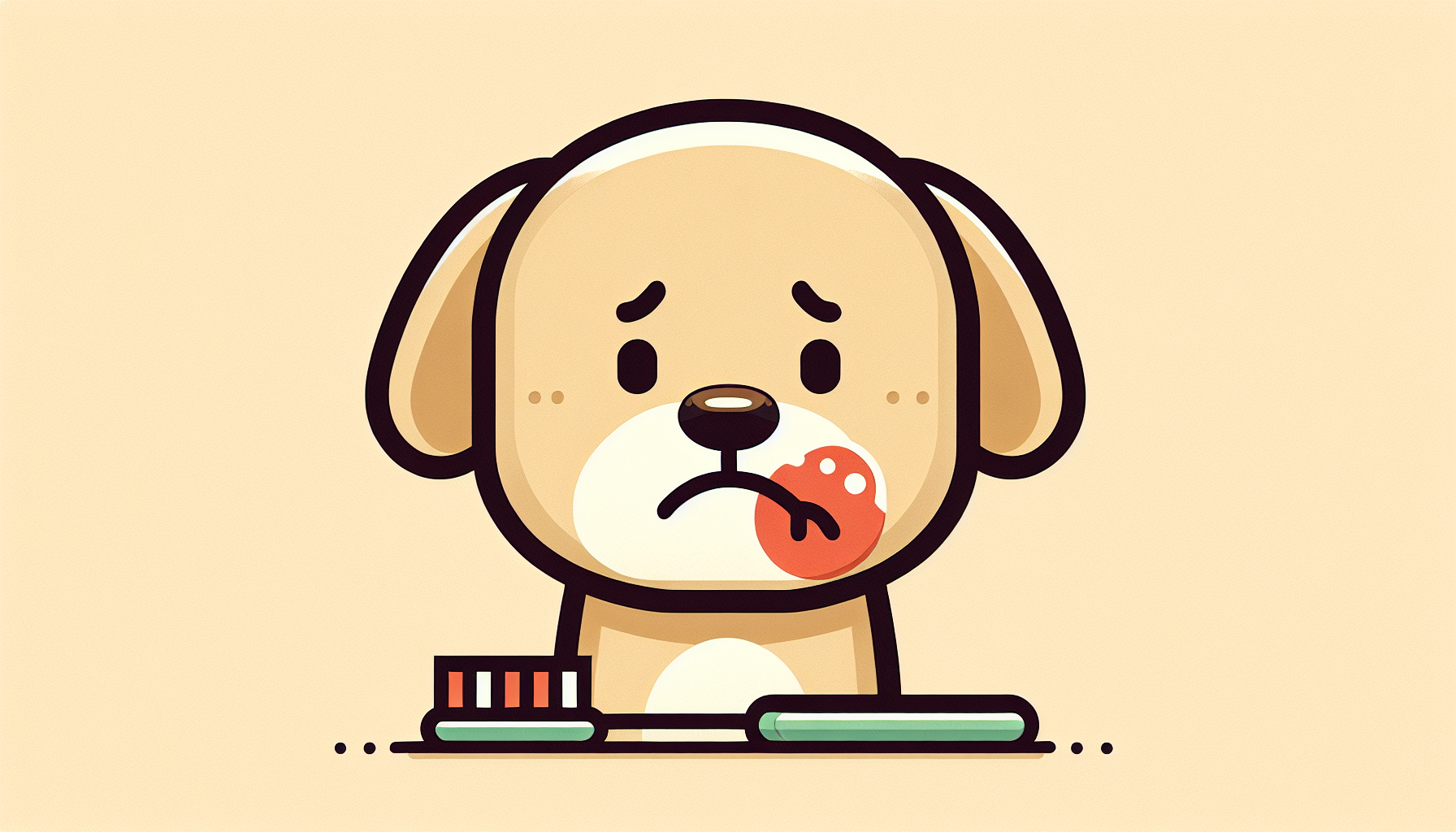 Verwirrter Cartoon-Hund mit traurigem Gesichtsausdruck und entzündetem Zahnfleisch neben Zahnbürste in sanften Farben.