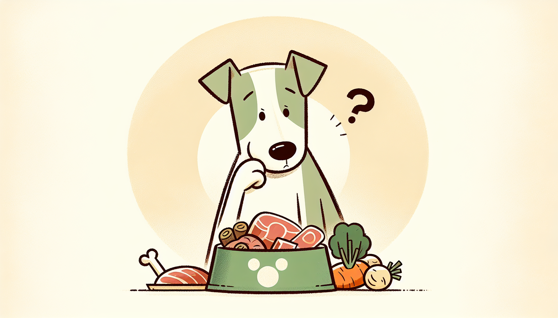 Ein neugieriger Cartoon-Hund schaut auf eine Schüssel mit rohen Zutaten wie Fleisch und Gemüse. Minimalistischer Stil.
