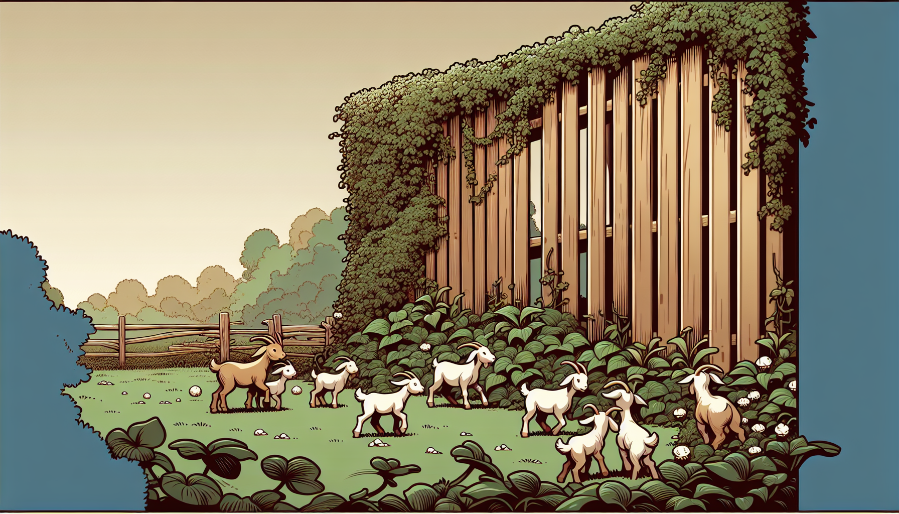 Glückliche, einfache Cartoon-Ziegen erkunden einen grünen Garten mit einem Holzzaun in warmen Erdtönen.