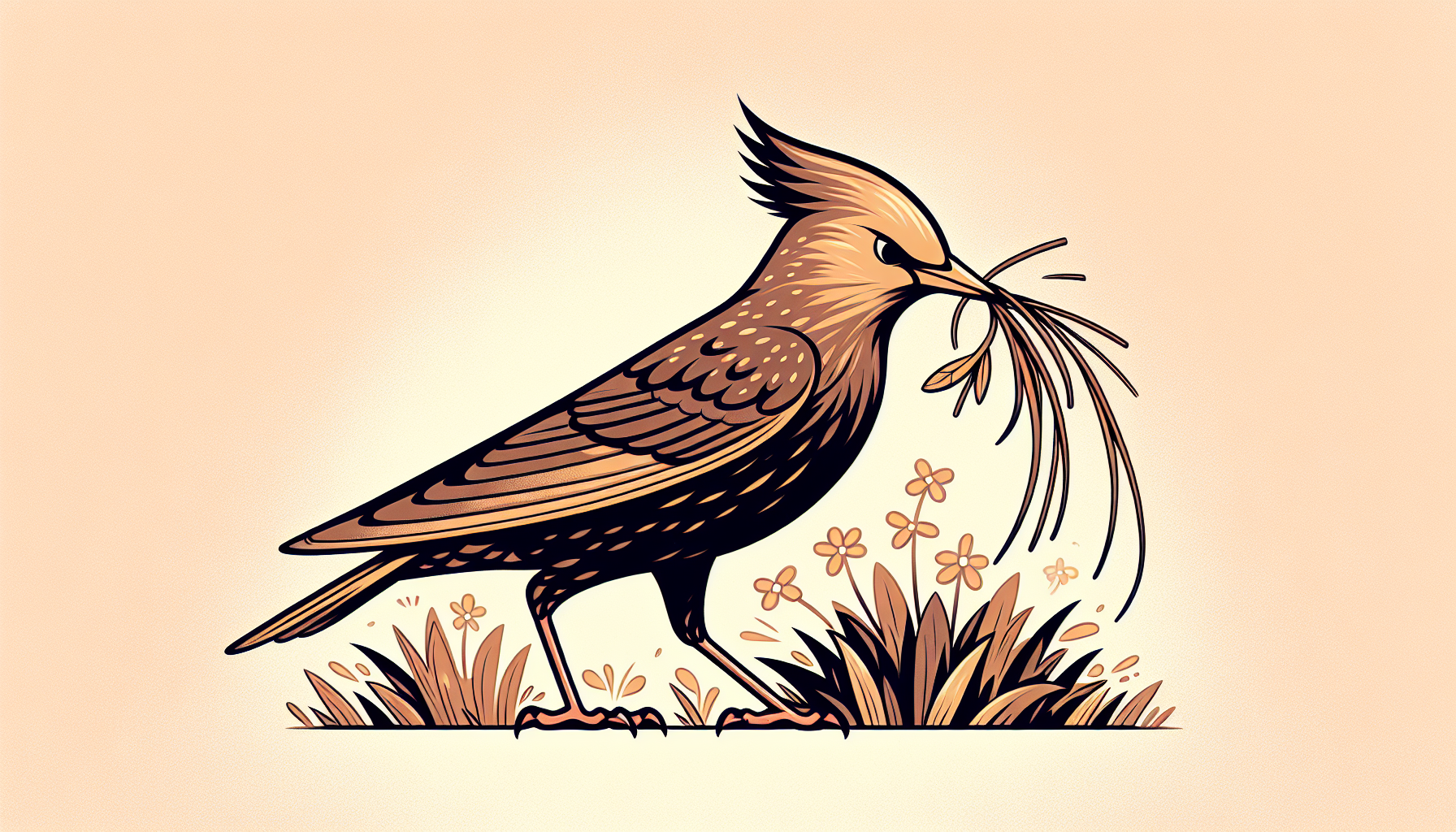 Karrikatur eines Starlings, das Gras zu einem Nest in einem bunten Garten trägt, mit weichen Farben und minimalistischem Design.