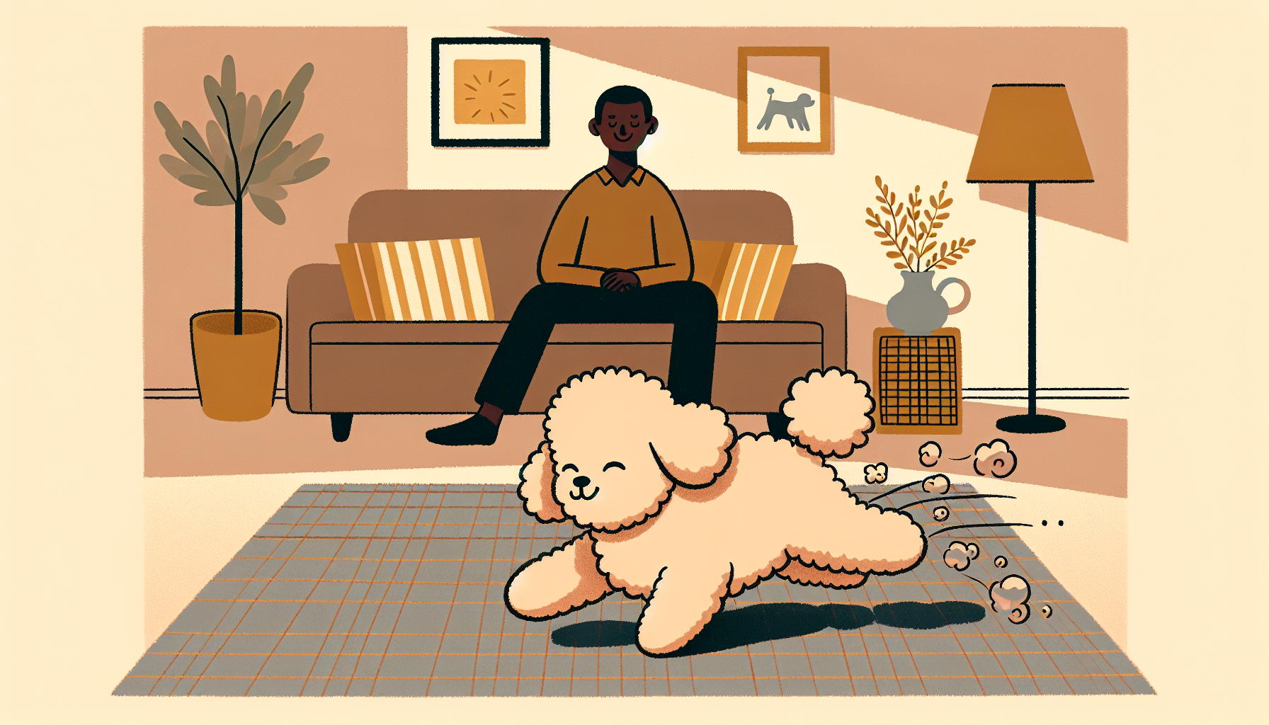 Glücklicher hypoallergener Hund spielt entspannt mit einer Person in einem gemütlichen Wohnzimmer im europäischen Comic-Stil.