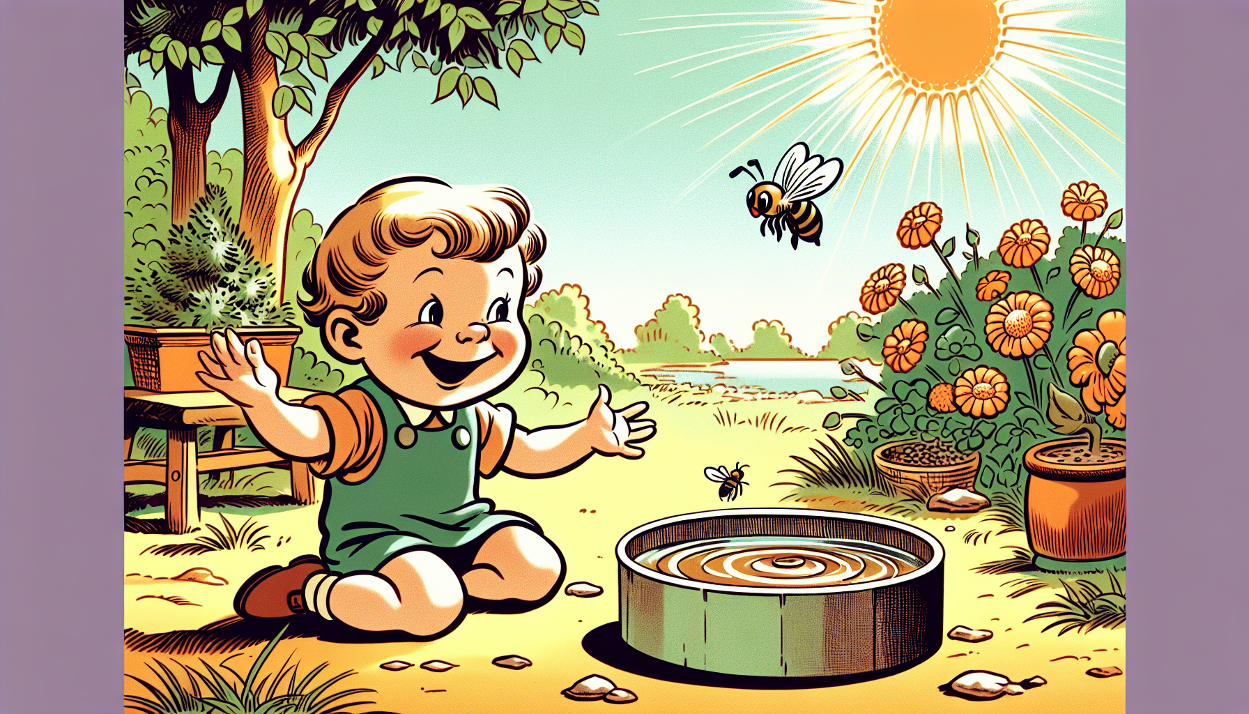 Kind baut glücklich einen Bienentränker im sonnigen Garten, erfüllt von warmen Farben und fröhlicher Illustration.