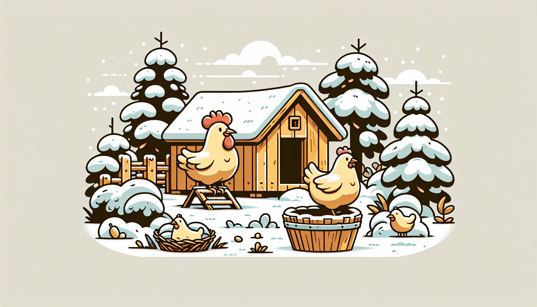 Kleine, cartoonartige Hühner im gemütlichen, schneebedeckten Hof mit einem isolierten Hühnerhaus. Warme Farben und minimalistisch.