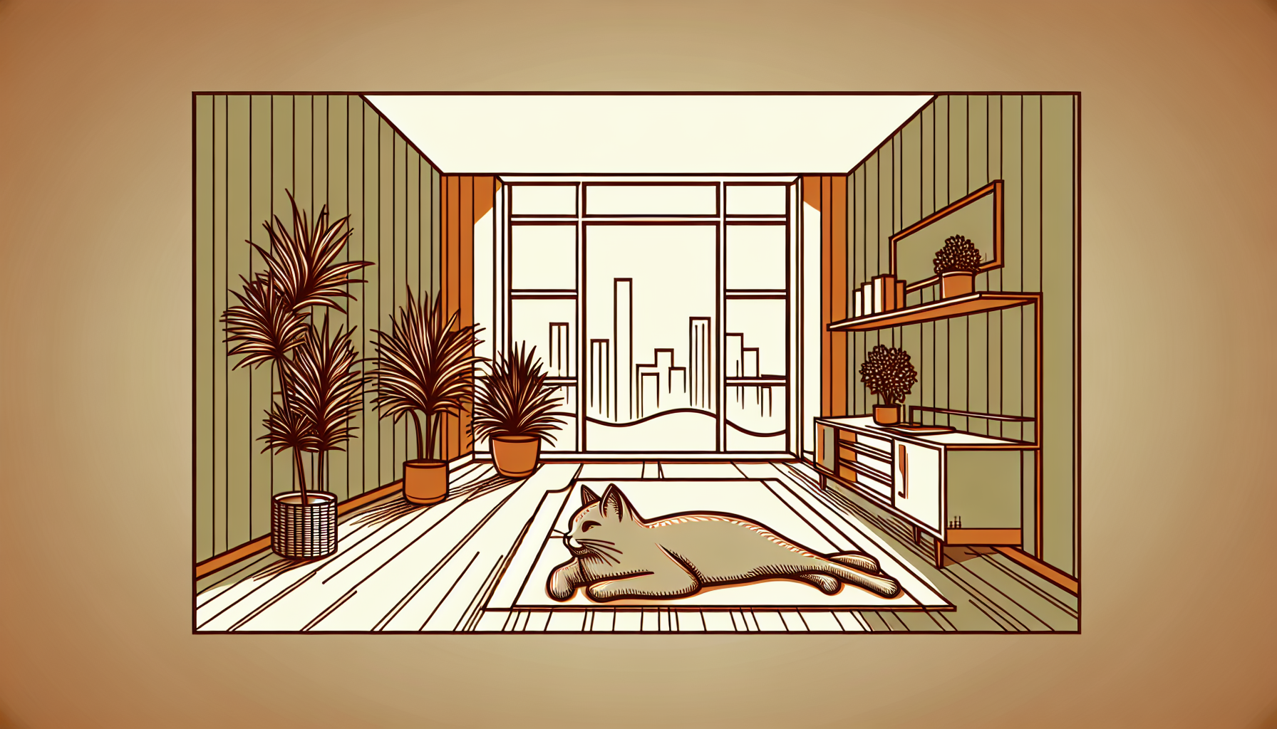 Katze entspannt auf dem Fensterbrett in stilvollem Apartment, warme Farben, minimalistisches Design mit gemütlicher Atmosphäre.