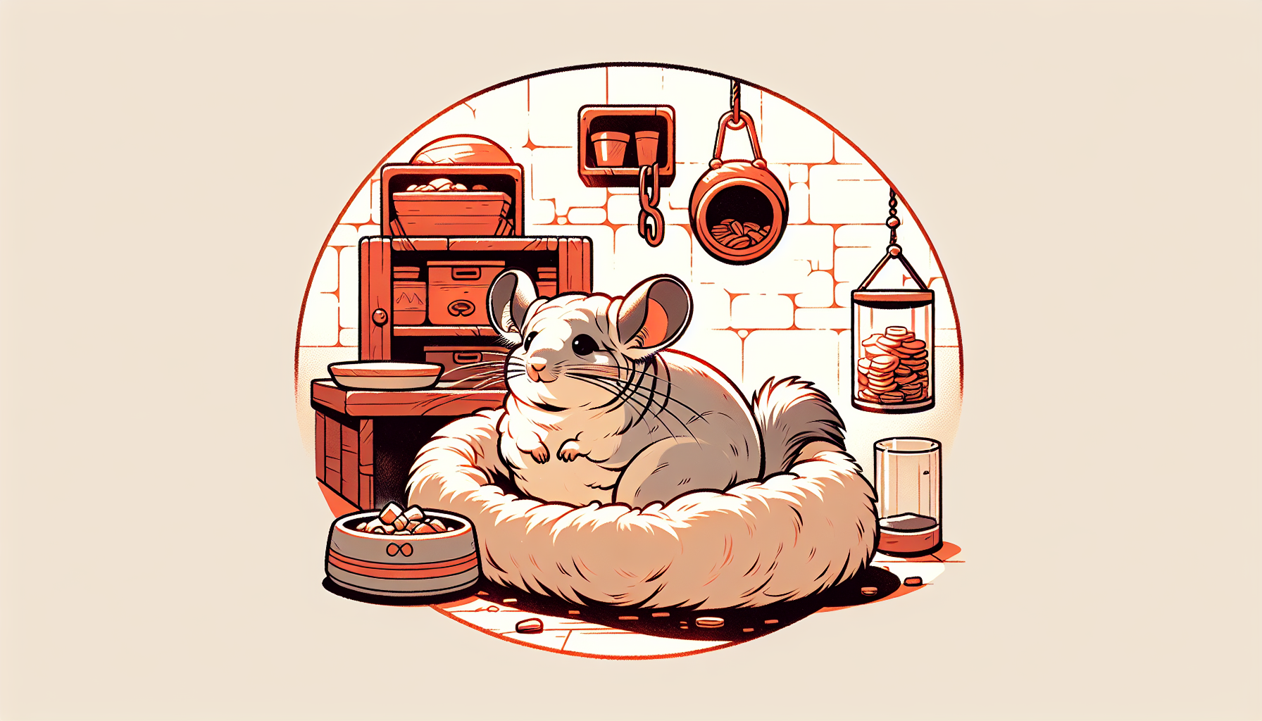 Cincillà semplice cartone animato in un habitat accogliente con un letto morbido e una ciotola per il cibo in colori caldi.