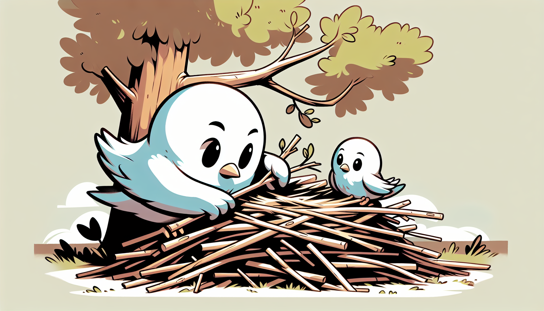 Einfache Zeichnung von Cartoon-Vögeln, die ein Nest im Baum bauen, mit warmen Farben und minimalistischer Gestaltung.