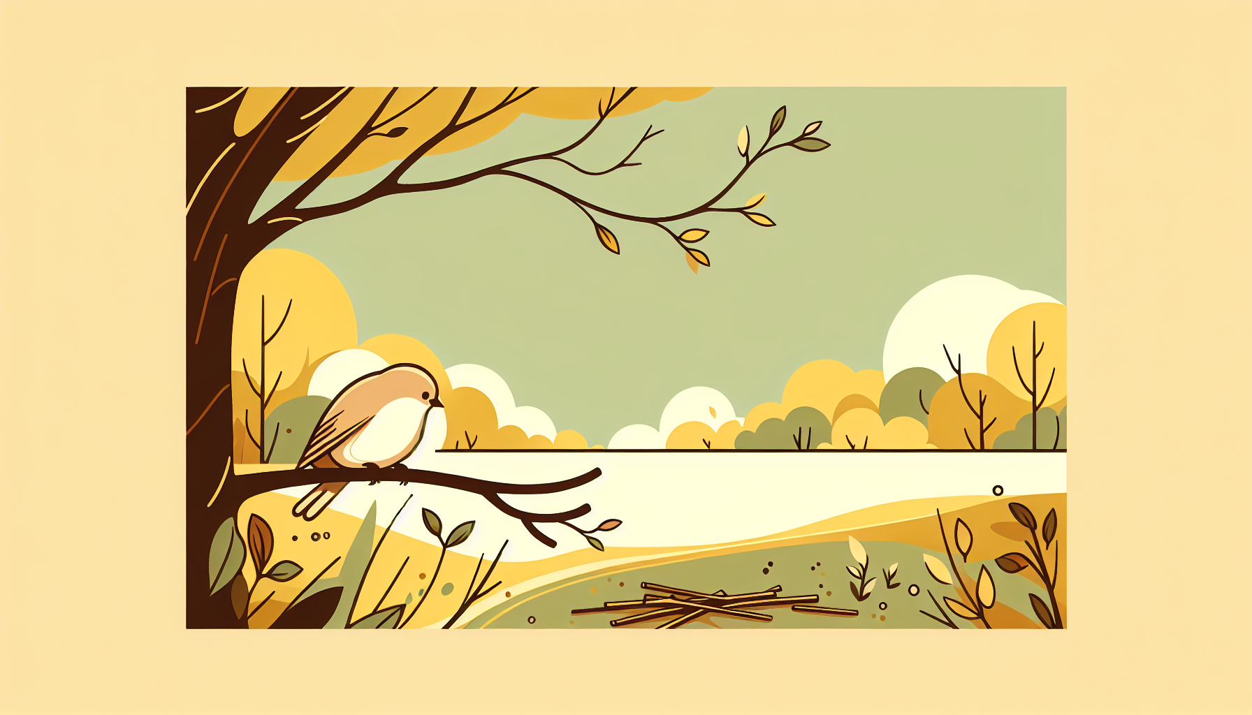 Bunter Cartoonvogel sitzt auf einem Ast in einem hellen Garten und beobachtet neugierig den Boden mit Zweigen und Blättern.