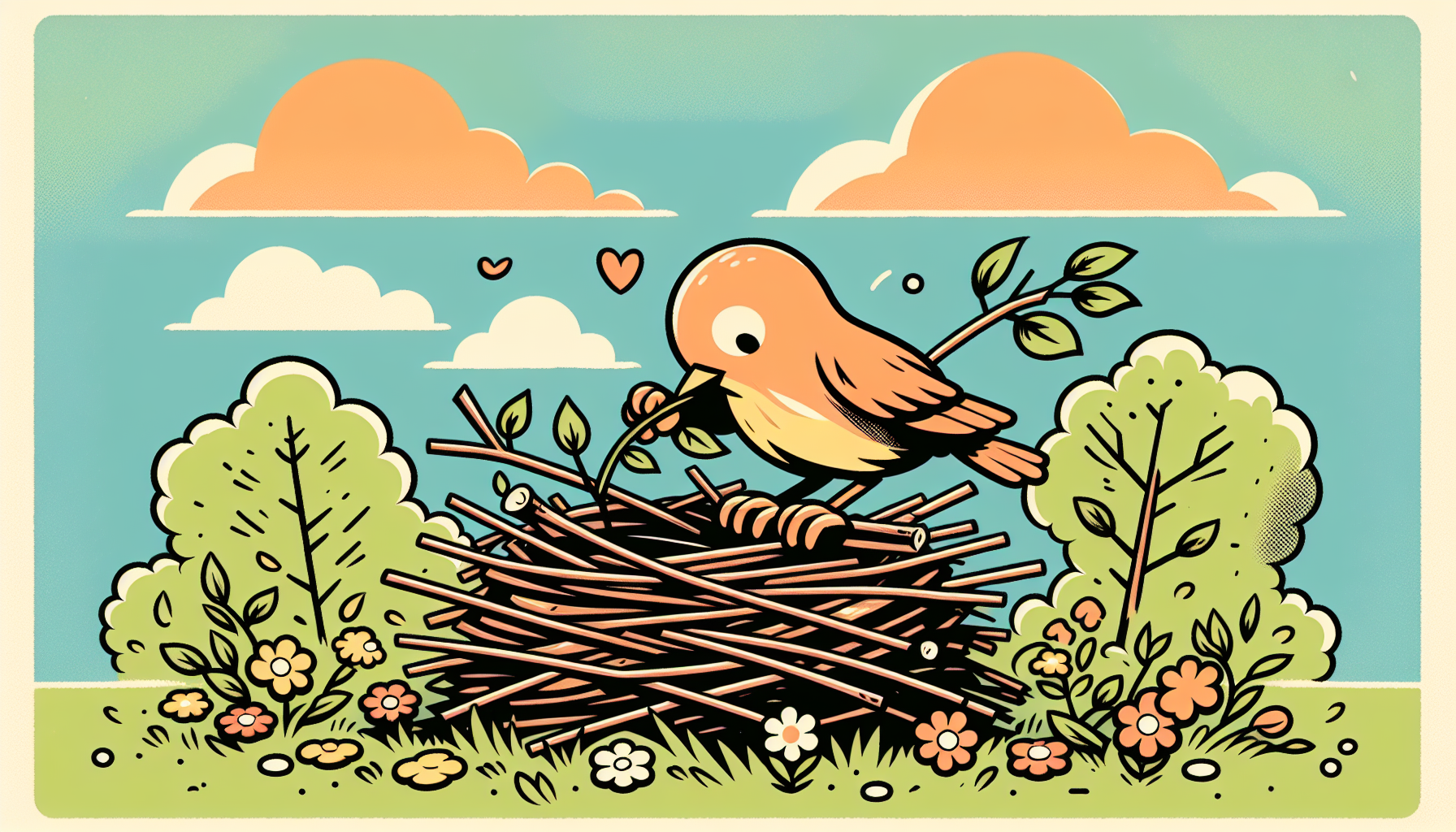 Ein einfacher Cartoon-Vogel baut ein Nest im Garten, umgeben von Blumen und warmen Farben wie Orange und Grün.