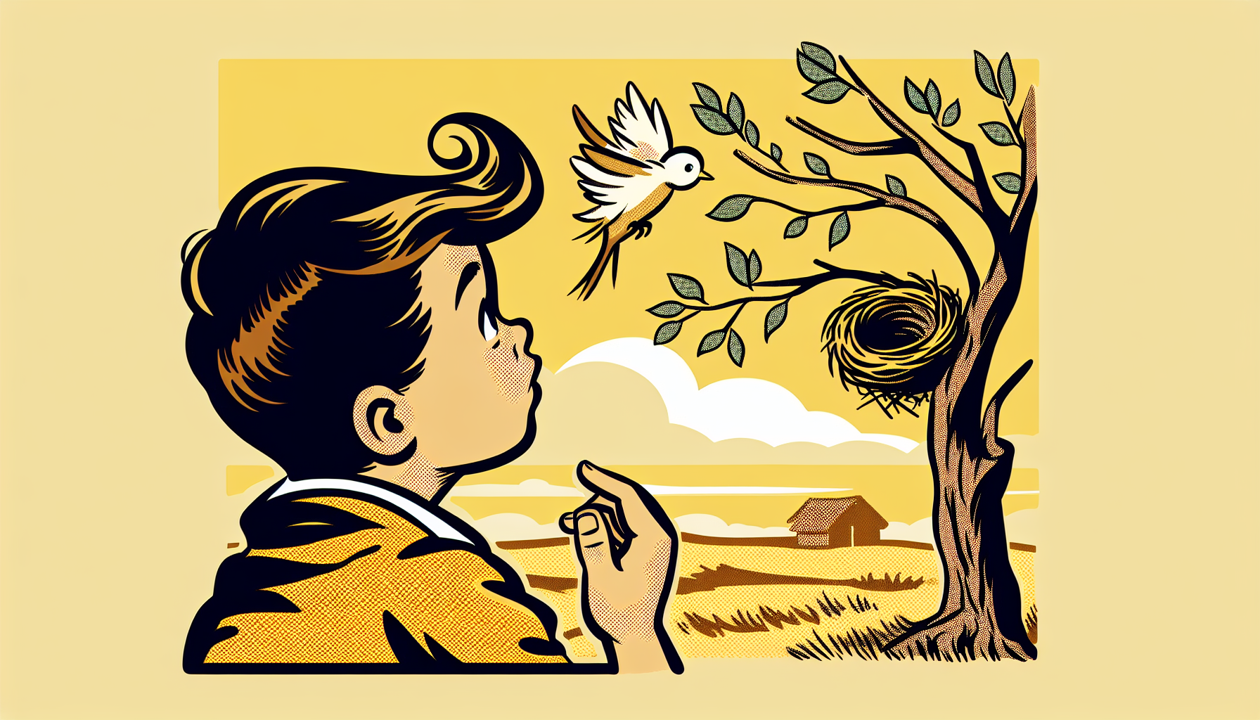 Bambino guarda con curiosità un nido di uccelli su un albero, in stile fumetto europeo con colori caldi e design minimale.