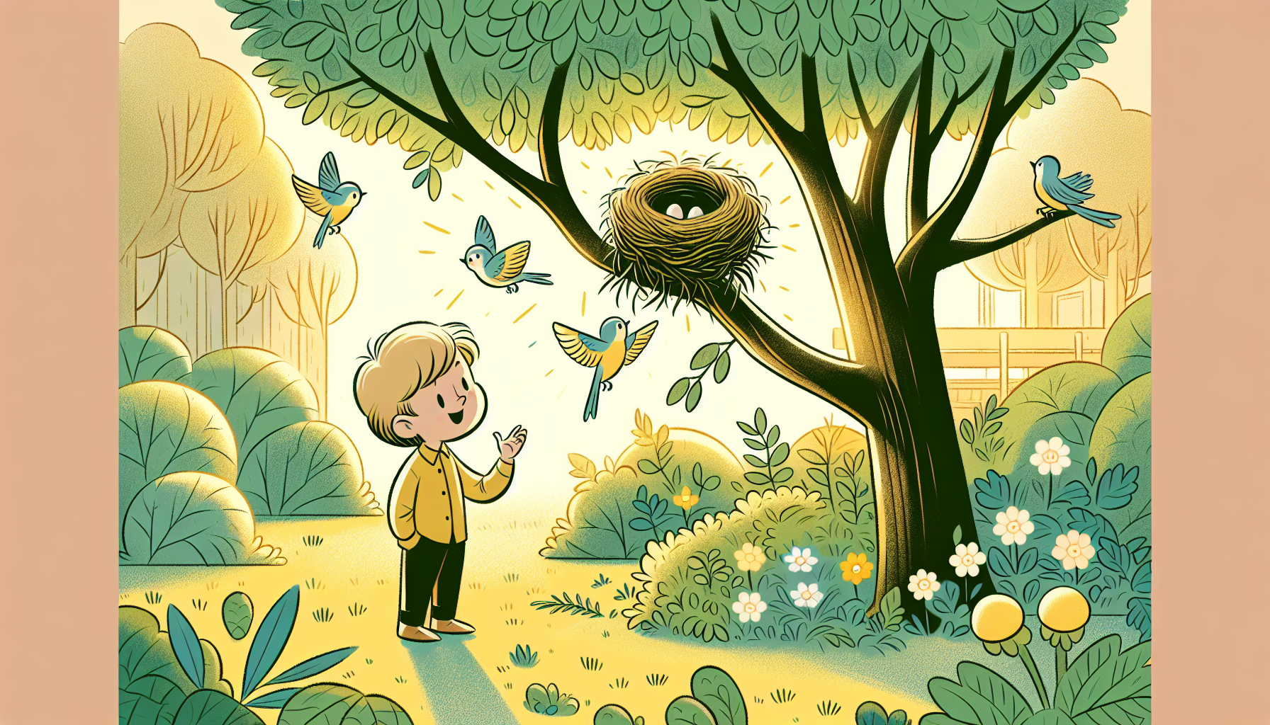 Kind beobachtet einen Vogelnest im Baum in einem sonnigen Garten, gezeichnet im europäischen Comic-Stil.