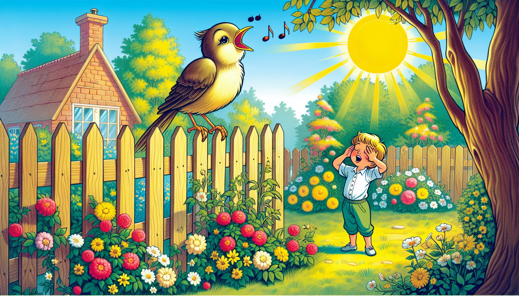 Bunter Cartoonvogel sitzt auf einem Zaun und singt, während ein Kind verwirrt im sonnigen Garten steht.