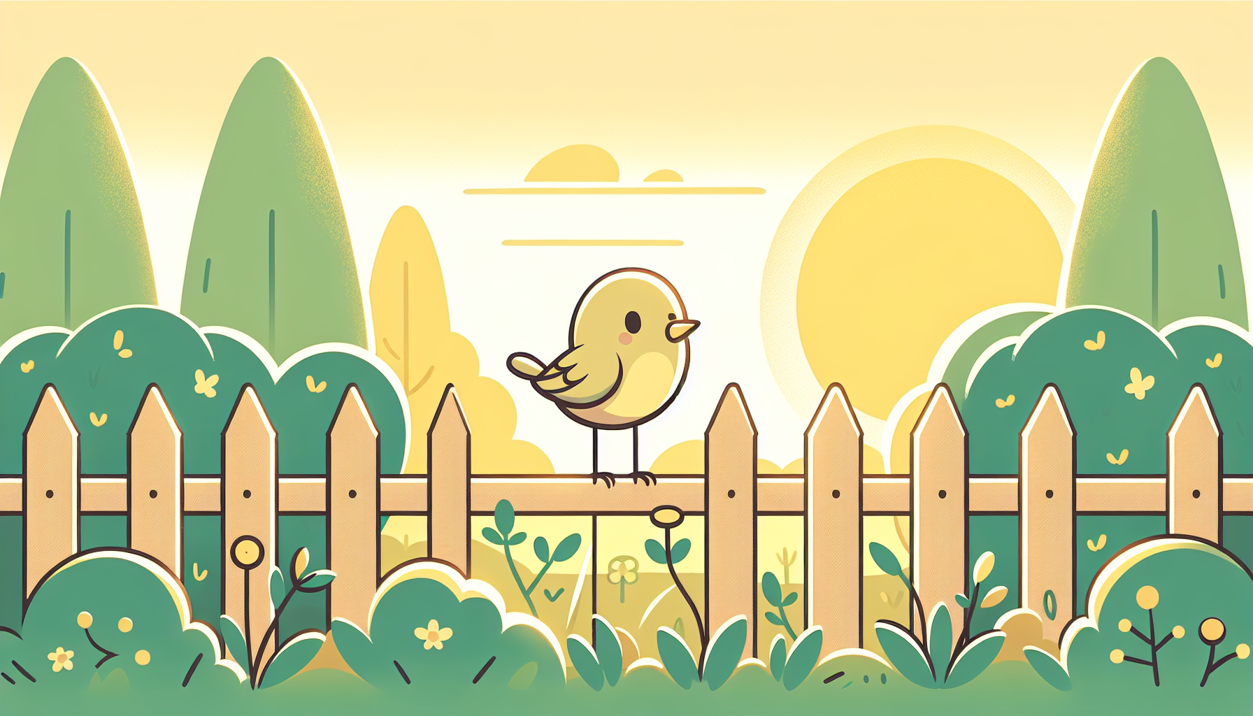 Ein einfacher Cartoonvogel sitzt fröhlich auf einem Gartenzaun und singt beim Sonnenaufgang in einem friedlichen Garten.