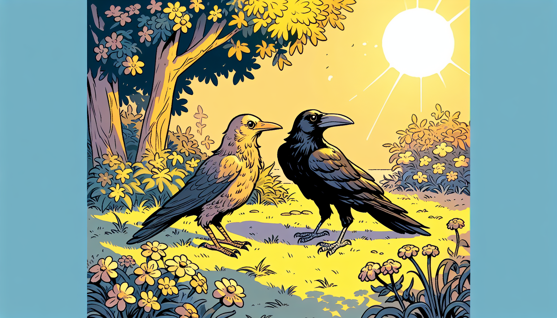 Ein minimalistisches Bild von einer Krähe und einem Raben in einem sonnigen Garten mit warmen Farben und wenigen Blumen.