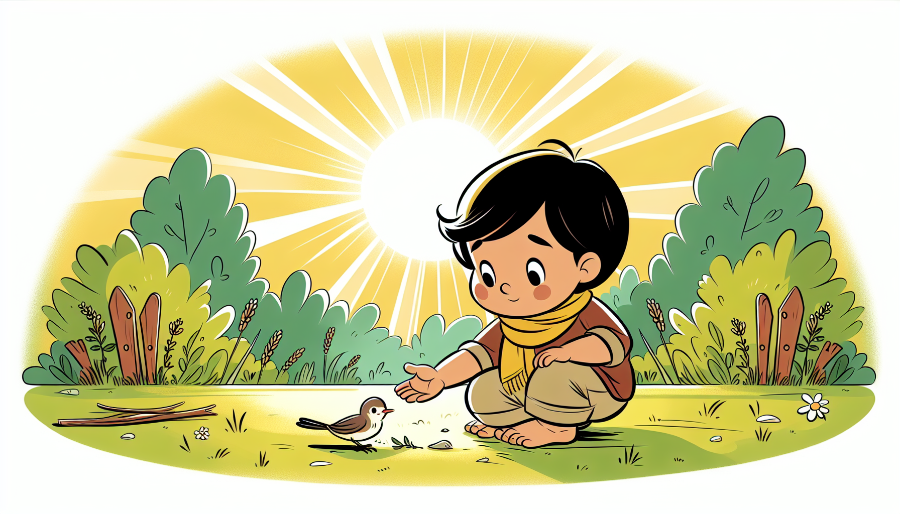 Enfant inquiet agenouillé à côté d'un oiseau blessé dans un jardin ensoleillé, dans des couleurs chaudes et un style comique minimaliste.