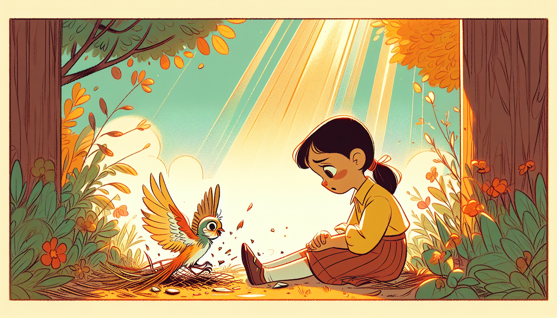 Petit oiseau blessé dans un jardin ensoleillé, enfant inquiet agenouillé à côté de lui, style dessin animé européen aux couleurs chaudes.
