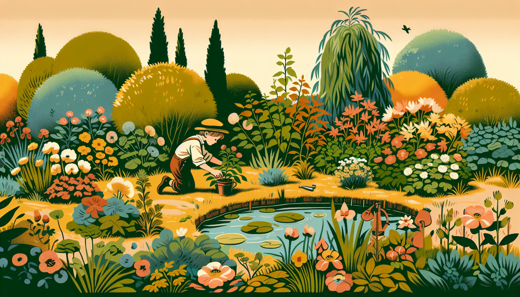 Kind spielt sicher am Gartenteich, umgeben von bunten Blumen und grünen Pflanzen in warmen Farben.