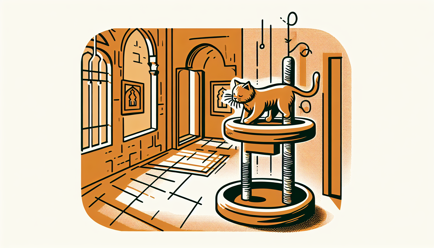 Ein einfacher Cartoon-Katze spielt auf einem kleinen Katzenbaum in einem gemütlichen Raum mit warmen Farben.