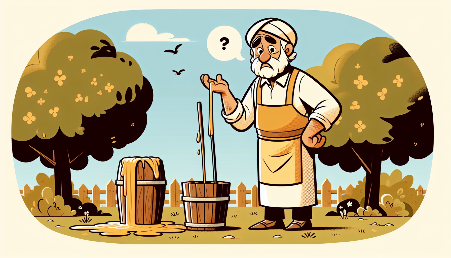 Besorgter Gärtner neben einem Regenfass voller Taubendreck in einem liebevoll gestalteten Garten.