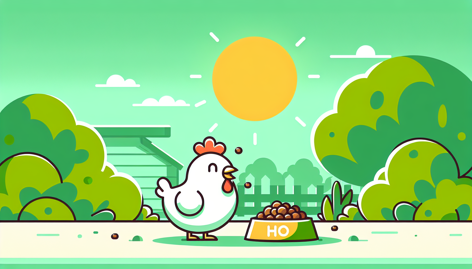Fröhliches, cartoonhaftes Huhn pickt in einer sonnigen Gartenlandschaft gesundes Futter aus einer Schüssel.